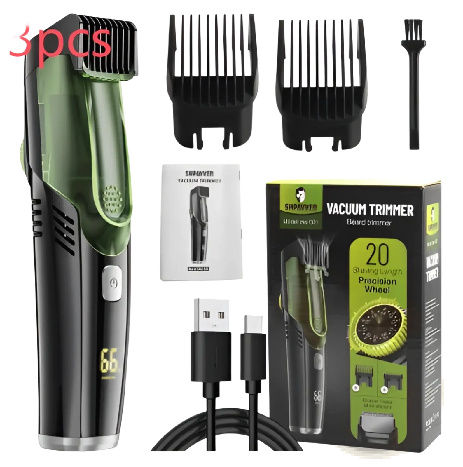 Green and black electric hair trimmer with vacuum and digital display featuring multiple attachments for versatile grooming