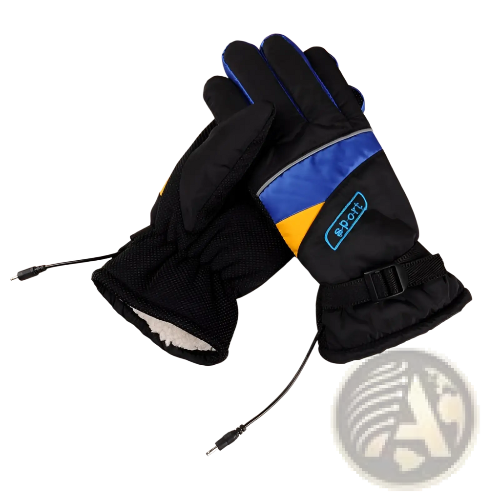 Black electric heated gloves with blue and yellow accents and sport logo patch on wrist for winter sport riding