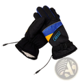 Black electric heated gloves with blue and yellow accents and sport logo patch on wrist for winter sport riding