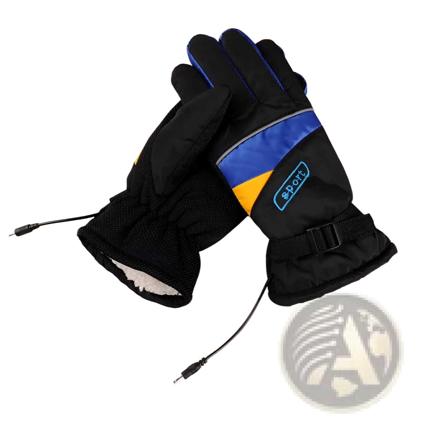 Black electric heated gloves with blue and yellow accents and sport logo patch on wrist for winter sport riding