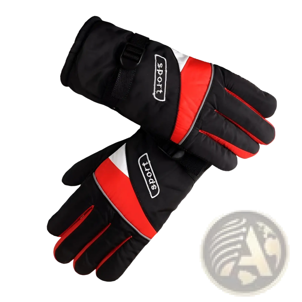 Black and red insulated electric heated sport gloves with white accents and sport logo on the back for winter riding