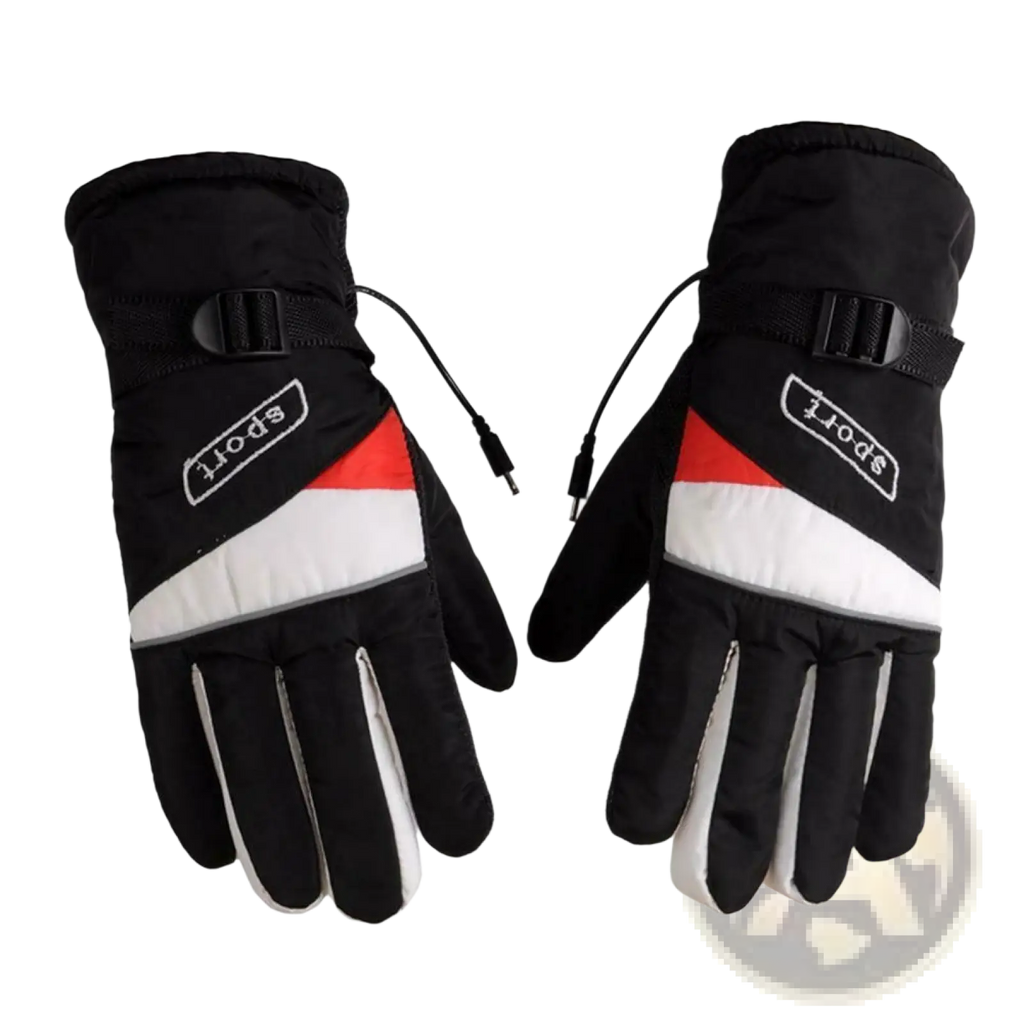 Black red and white insulated electric heated gloves for winter sport riding showing the back side with sport logo