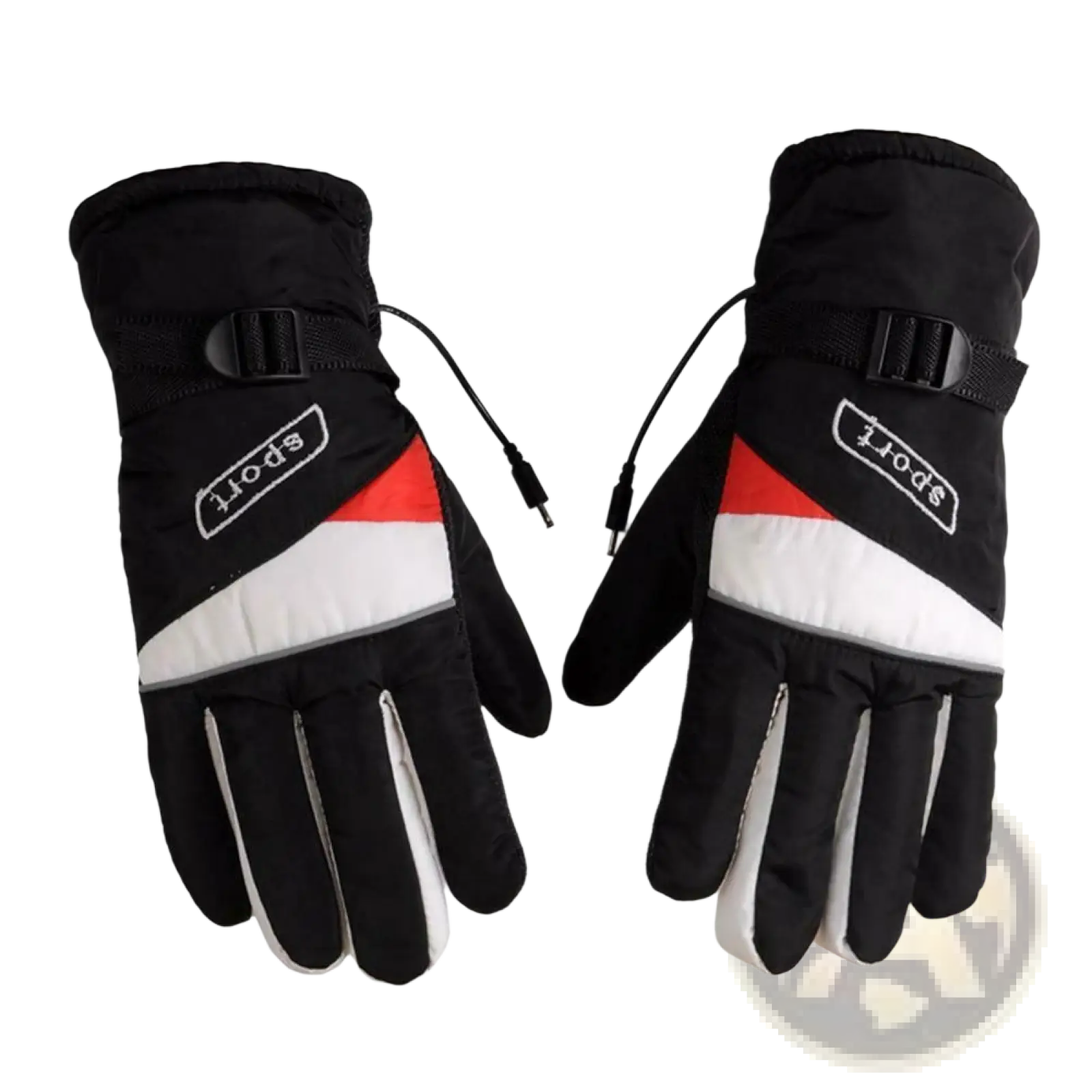 Black red and white insulated electric heated gloves for winter sport riding showing the back side with sport logo