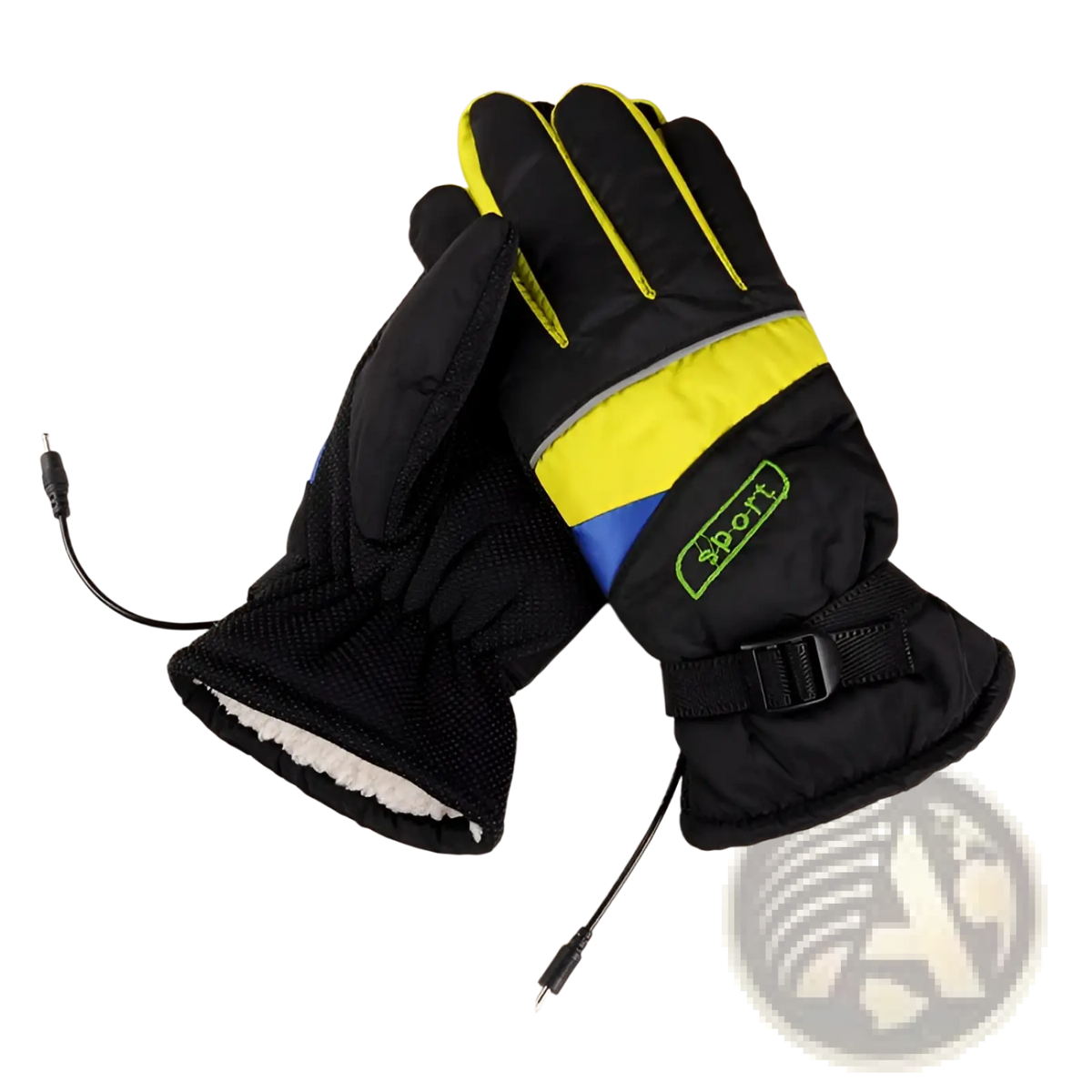Black electric heated gloves with neon yellow and blue accents sport logo and adjustable strap for winter sport riding