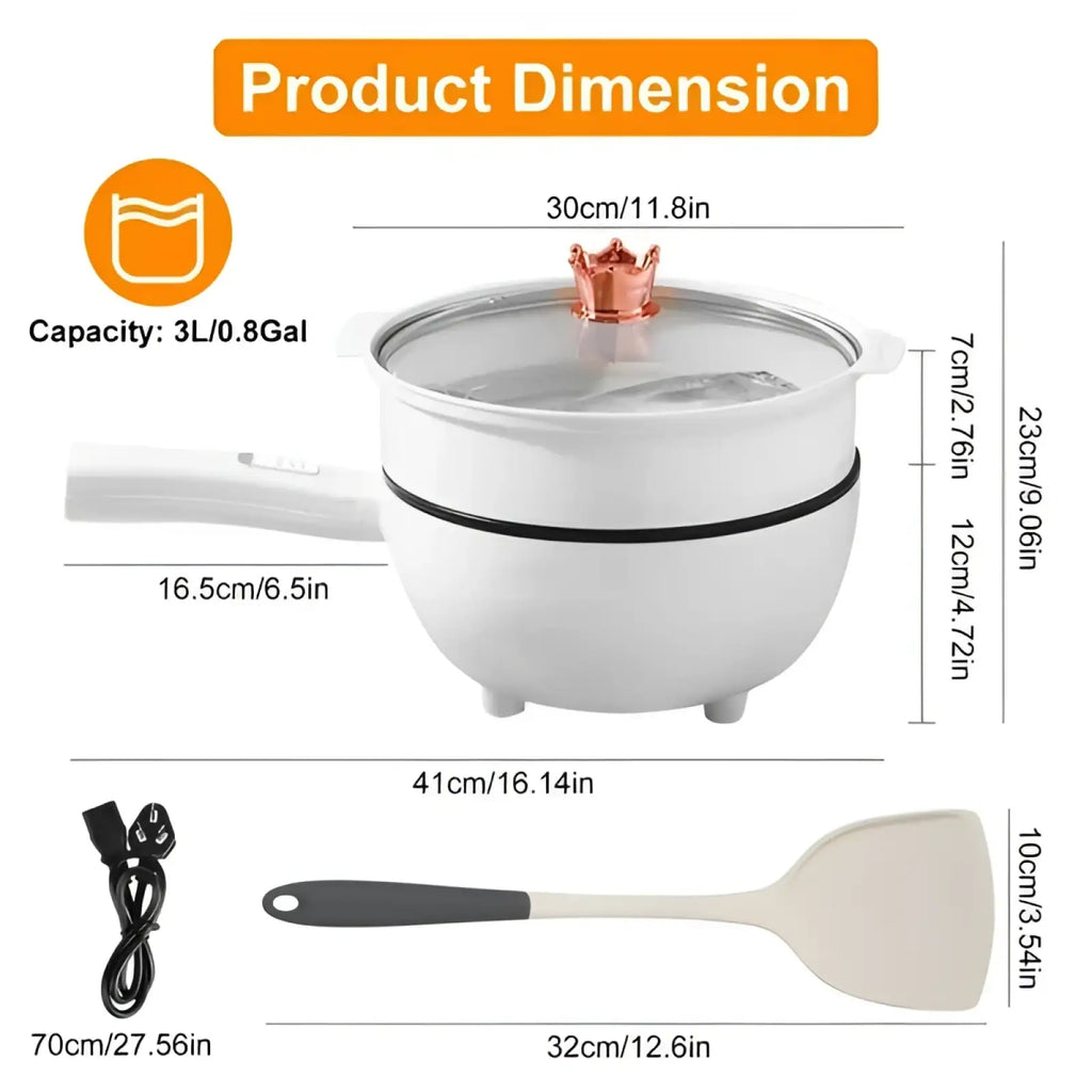 White electric 3l hot pot multi cooker with steamer 1000w featuring a glass lid and rose gold crown handle