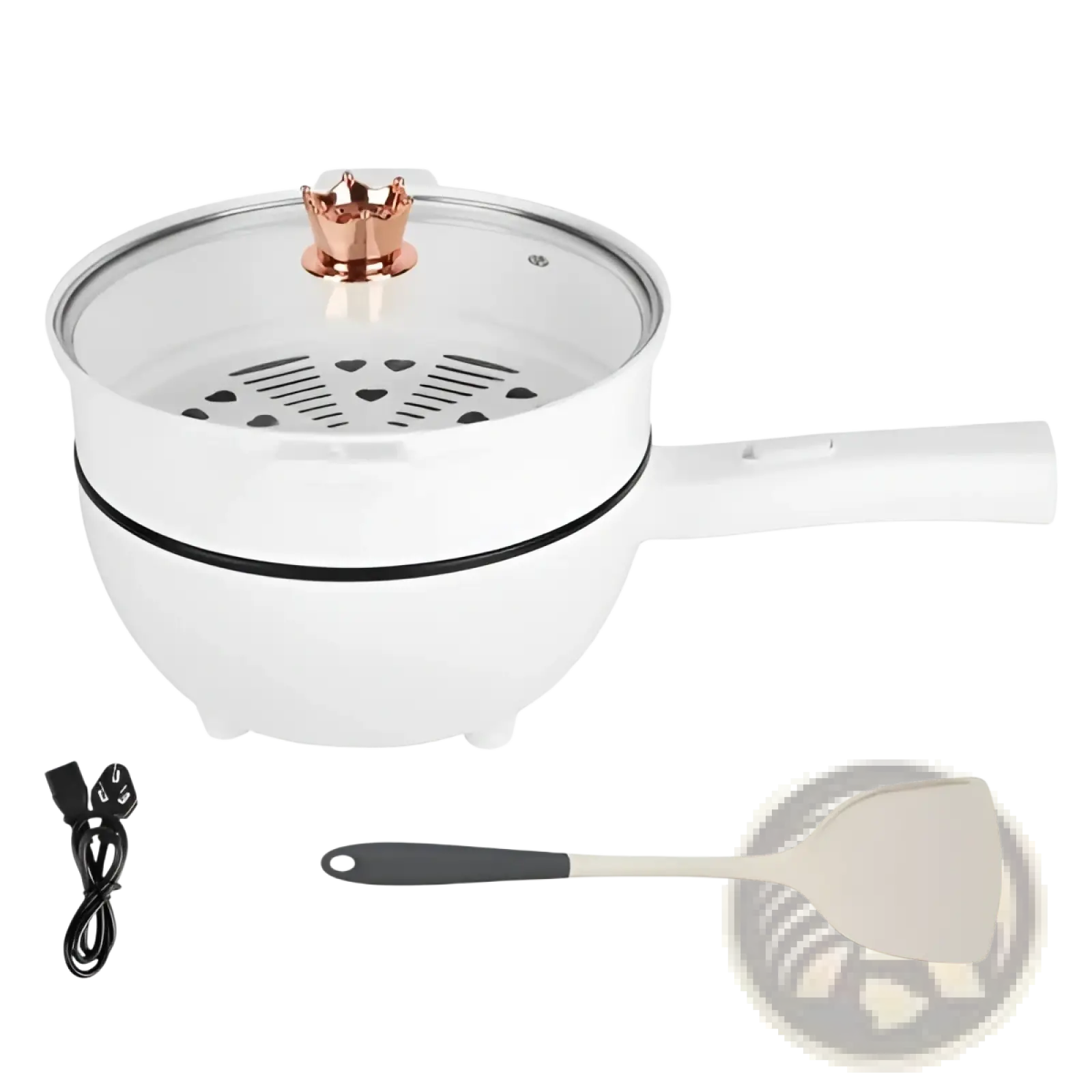 White electric hot pot 3l multi cooker with steamer 1000w glass lid rose gold crown handle and black vents with spatula