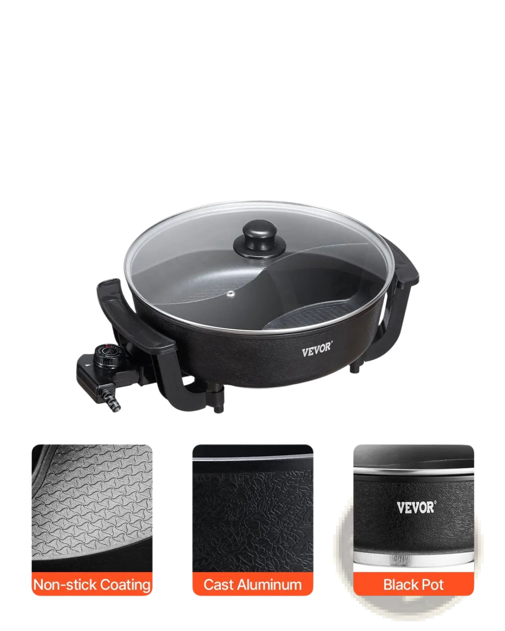 Black vevor electric hot pot with 5l non stick dual compartment and clear glass lid for shabu shabu cooking