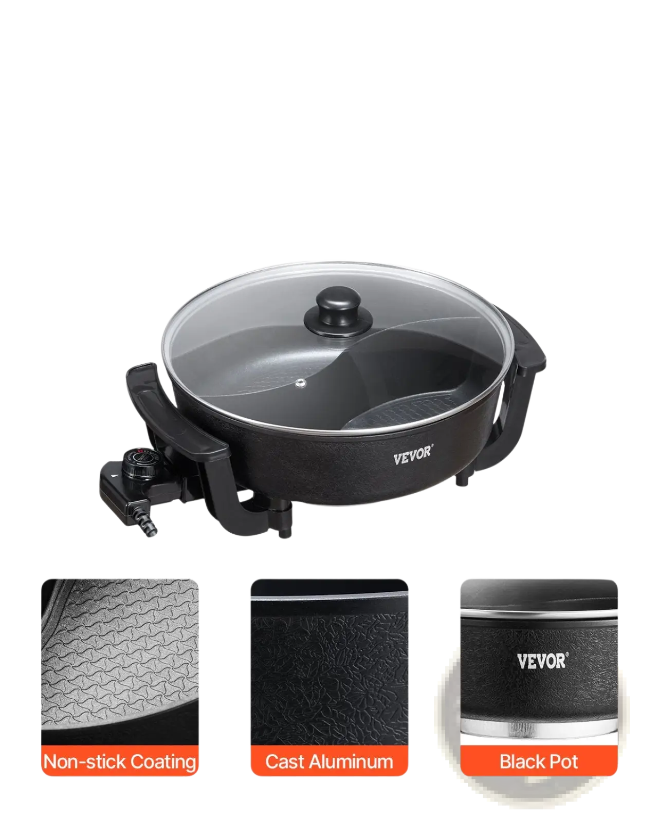 Black vevor electric hot pot with 5l non stick dual compartment and clear glass lid for shabu shabu cooking