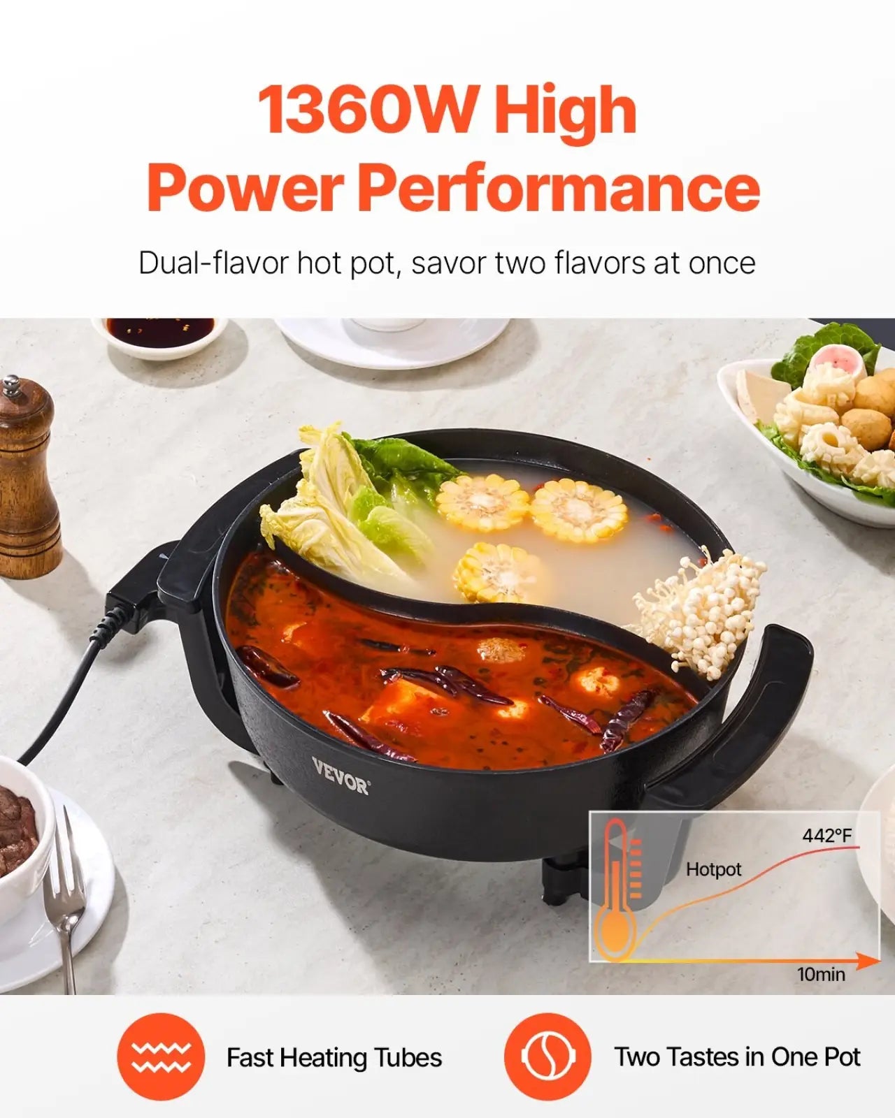 Black electric hot pot 5l non stick dual shabu shabu cooker with spicy and clear broth compartments by vevor