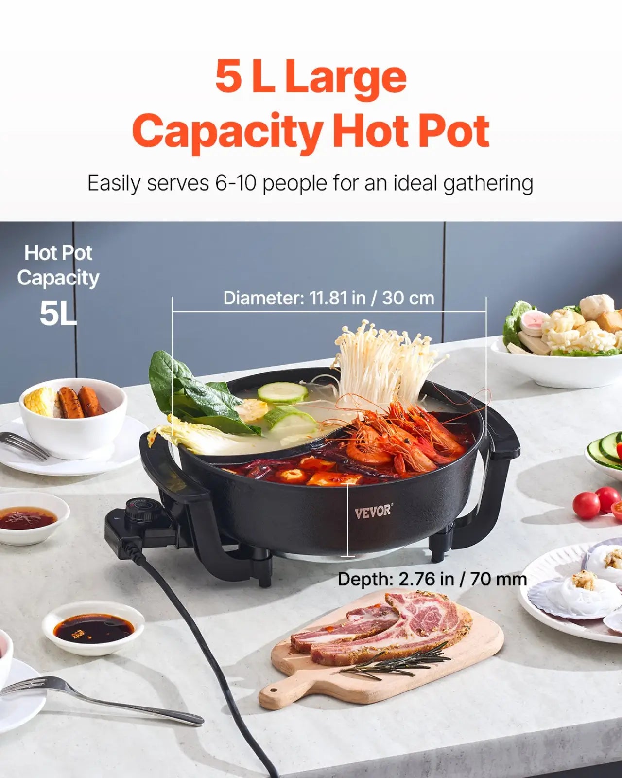 Black electric hot pot with dual compartments and non stick surface ideal for shabu shabu cooking 5l capacity