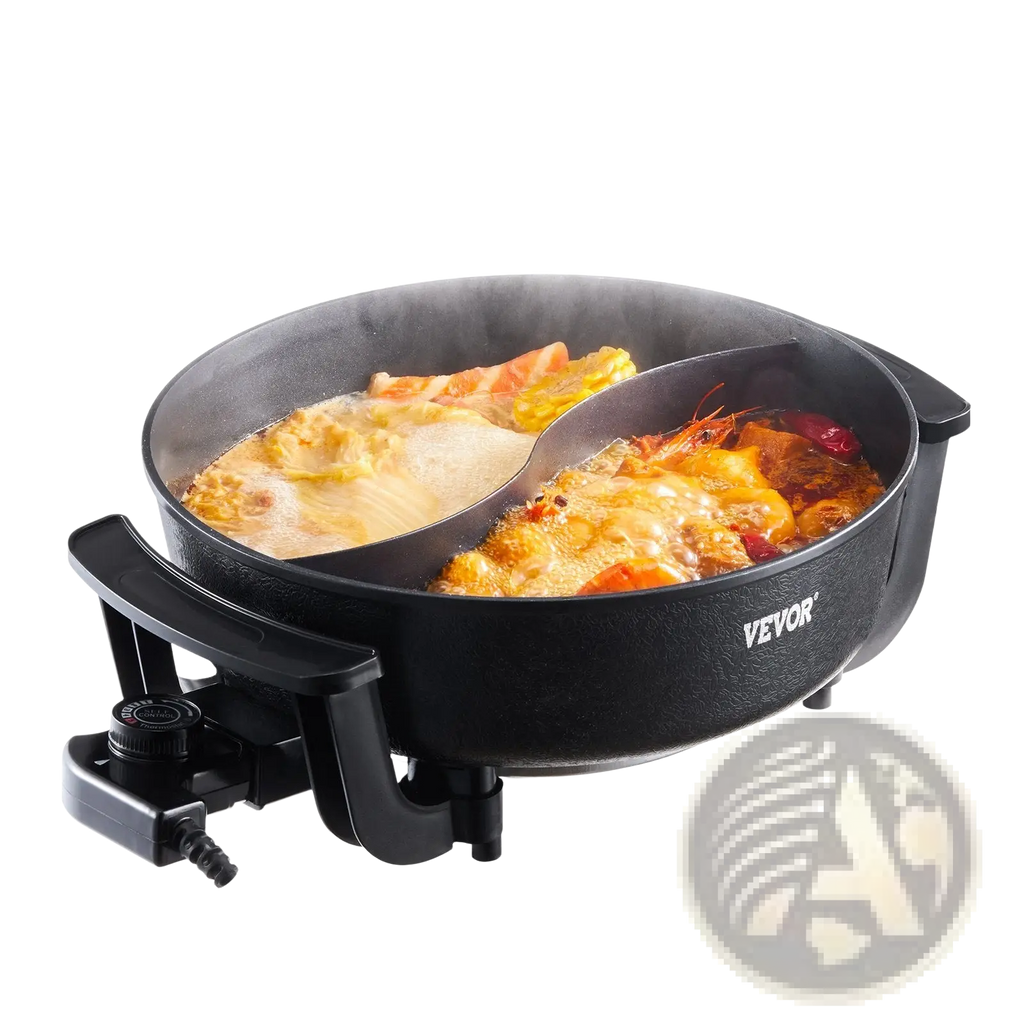 Black vevor electric hot pot 5l non stick dual compartment shabu shabu cooker with clear broth and spicy sauce