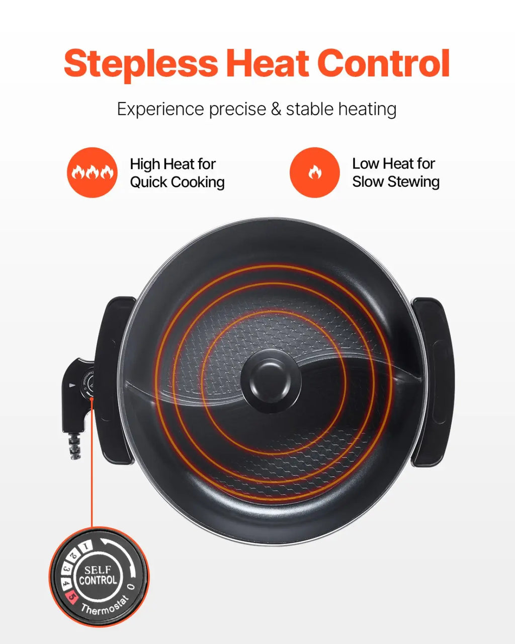 Black electric hot pot 5l non stick dual shabu shabu cooker with orange heating coils and self-control thermostat dial