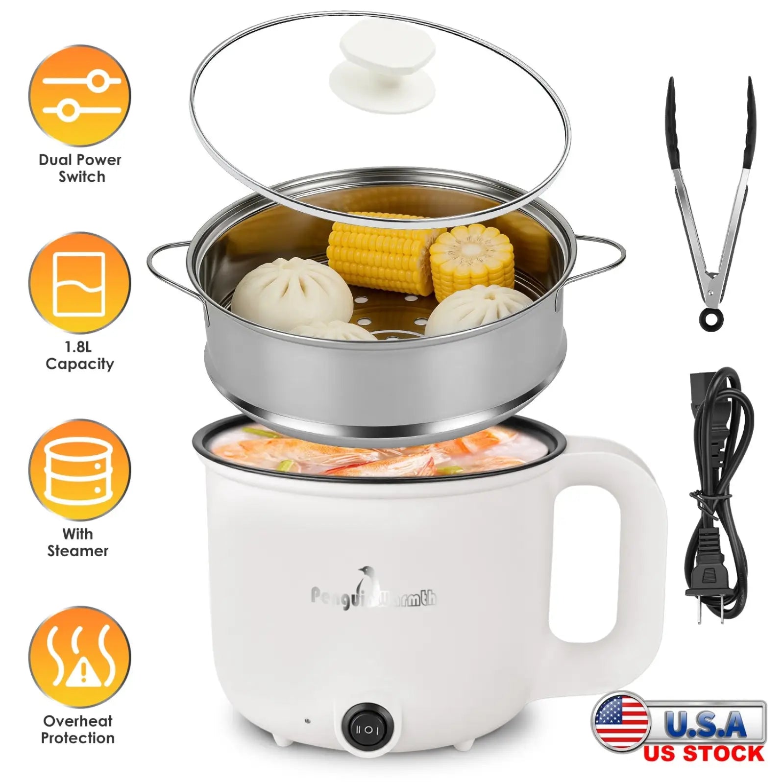 White electric hot pot with steamer 1.8l mini rice cooker featuring stainless steel steamer insert and dual power switch