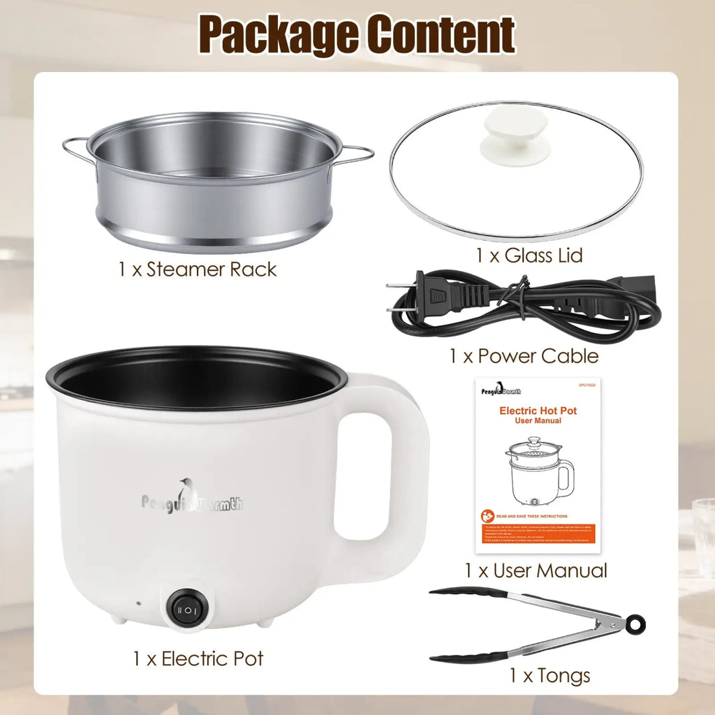 White electric hot pot with black interior and penguin logo 1.8l mini rice cooker with steamer function