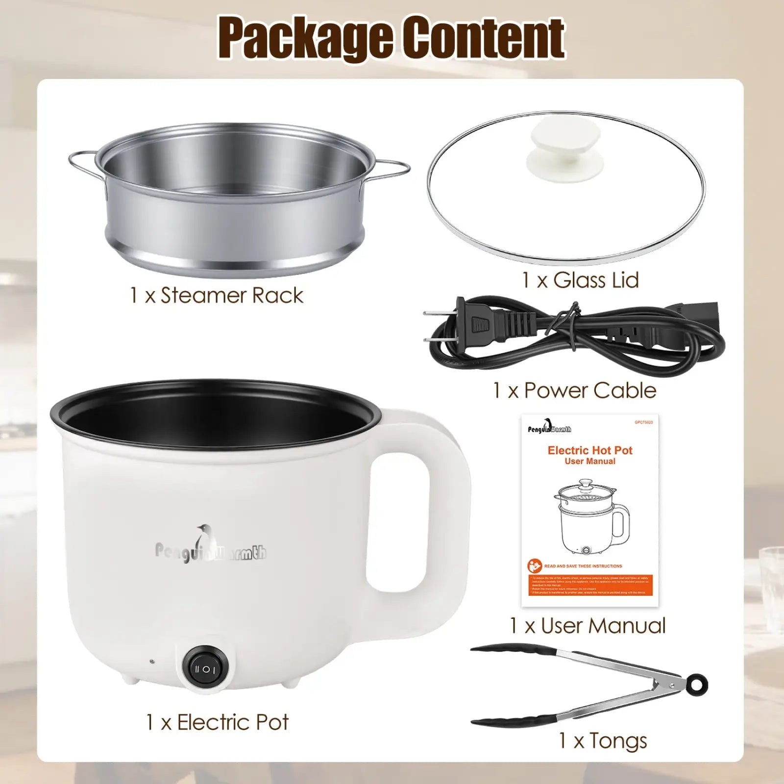 White electric hot pot with black interior and penguin logo 1.8l mini rice cooker with steamer function