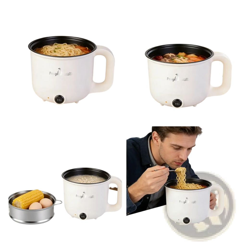 White electric hot pot with steamer 1.8l mini rice cooker featuring a black inner pot and handle for dorm camping home use