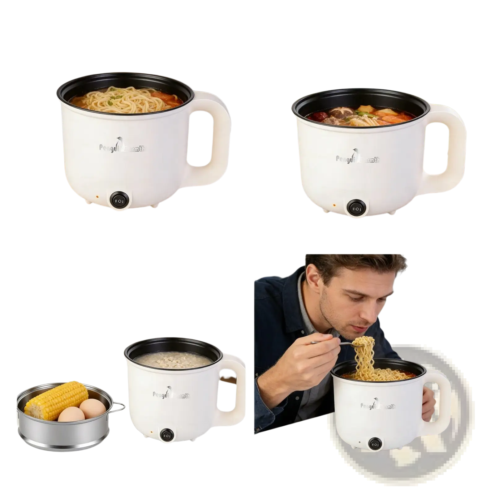 White electric hot pot with steamer 1.8l mini rice cooker featuring a black inner pot and handle for dorm camping home use