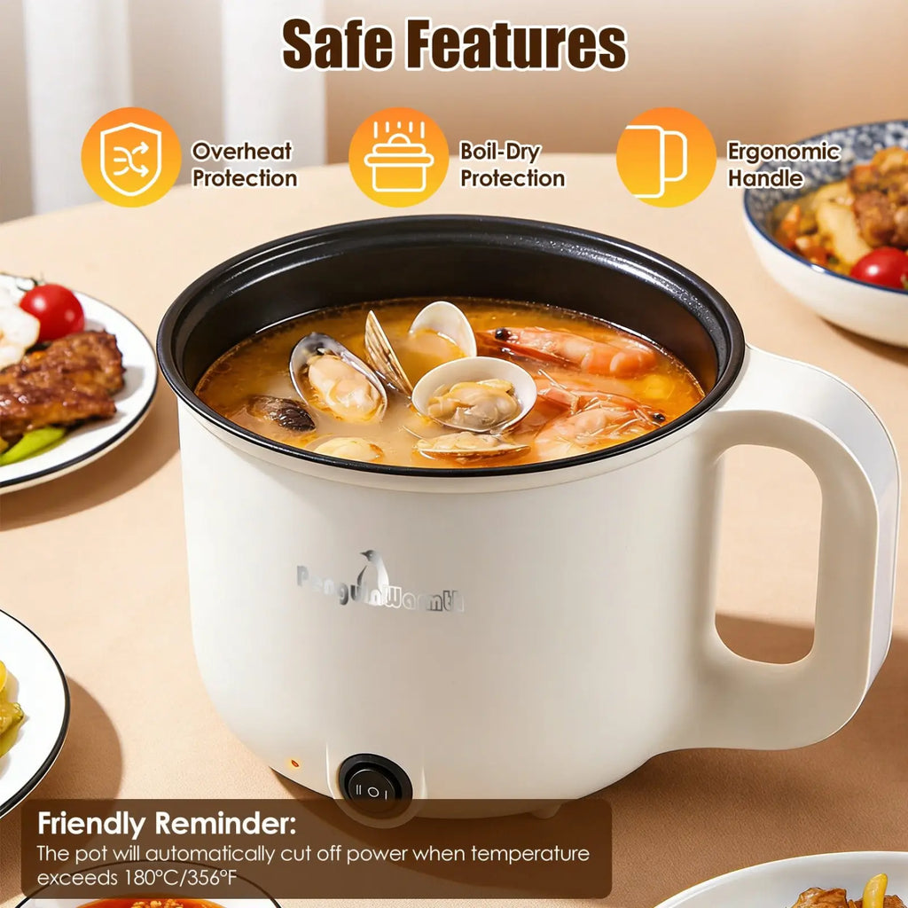 Electric hot pot with steamer 1.8l mini rice cooker white with black interior ergonomic handle and overheating protection
