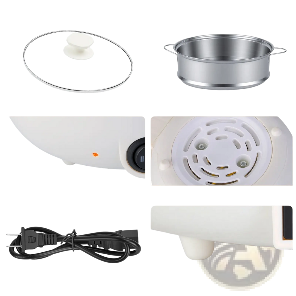 White electric hot pot with glass lid stainless steel steamer insert and detachable power cable 1.8l mini rice cooker
