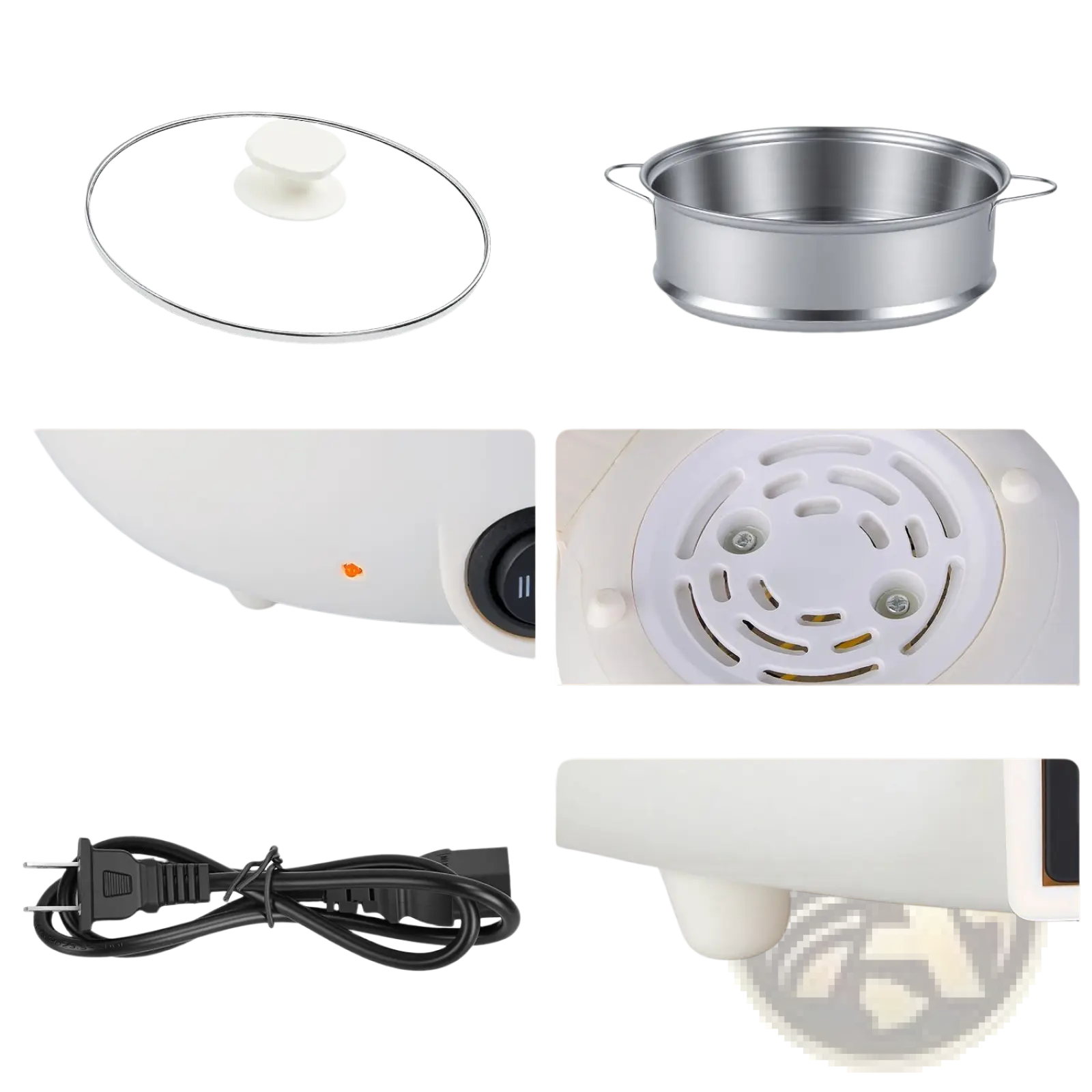 White electric hot pot with glass lid stainless steel steamer insert and detachable power cable 1.8l mini rice cooker