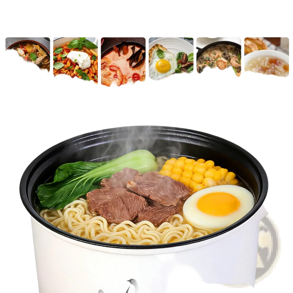 White electric hot pot with steamer 1.8l mini rice cooker filled with steaming ramen topped with beef and vegetables