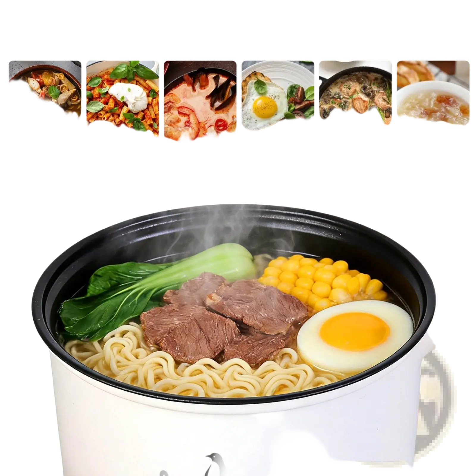 White electric hot pot with steamer 1.8l mini rice cooker filled with steaming ramen topped with beef and vegetables