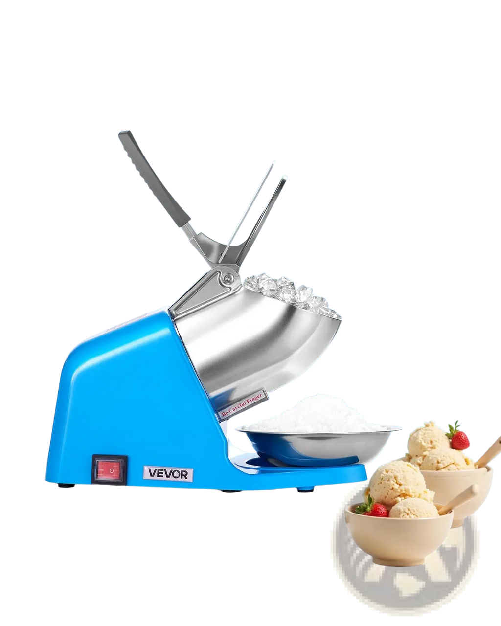 Blue and stainless steel Vevor mini electric ice crusher with sleek compact design for snow cone making at 286lbs/h