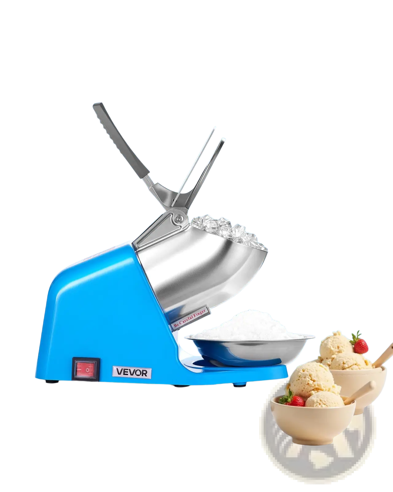 Blue and stainless steel Vevor mini electric ice crusher with sleek compact design for snow cone making at 286lbs/h