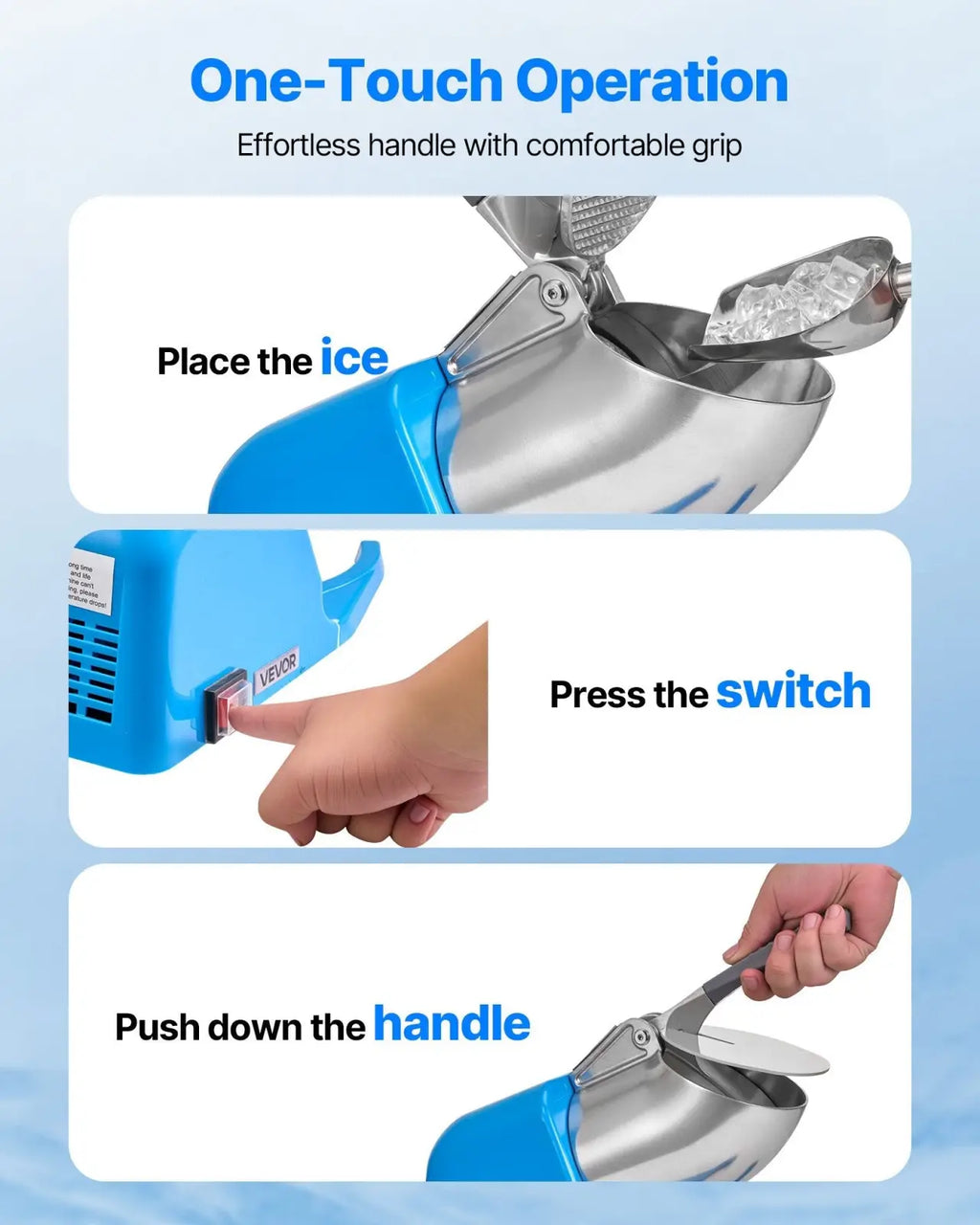 Electric ice crusher 286lbs per hour blue and stainless steel ice shaver with one touch operation design