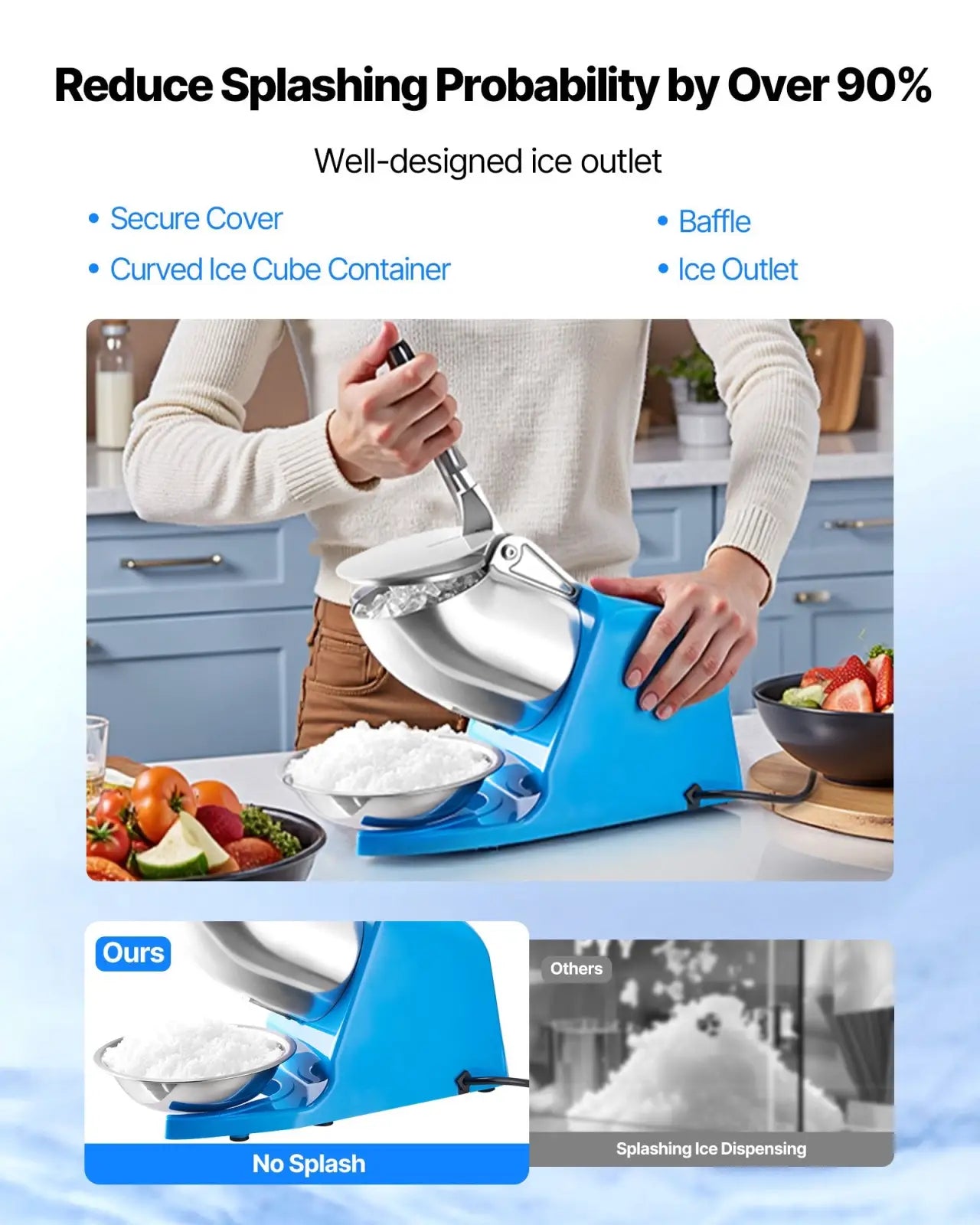 Blue electric ice crusher with stainless steel bowl and handle for snow cone making 286lbs per hour capacity