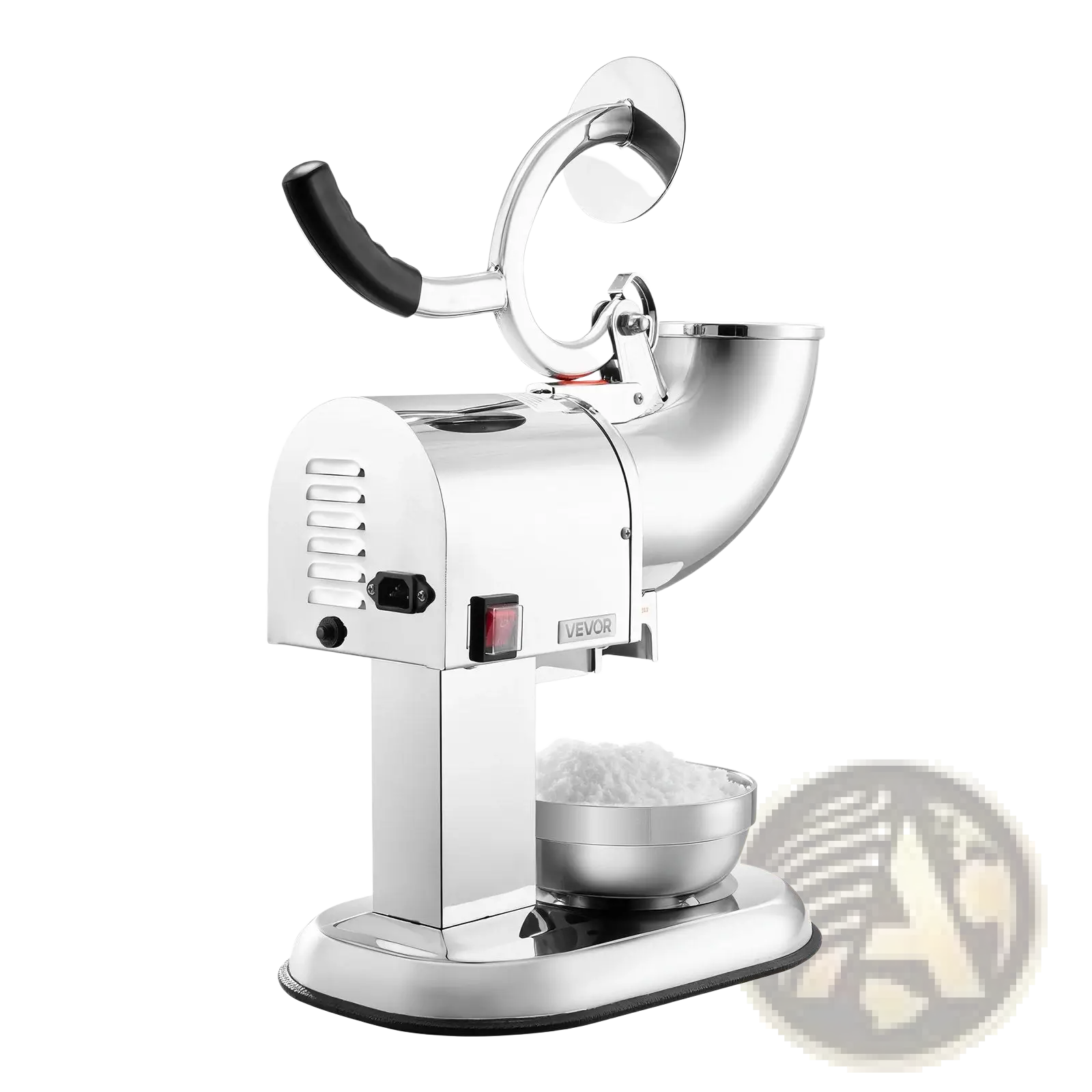 Electric ice crusher 350w stainless steel snow cone machine with black handle and red power button for 440lbs use