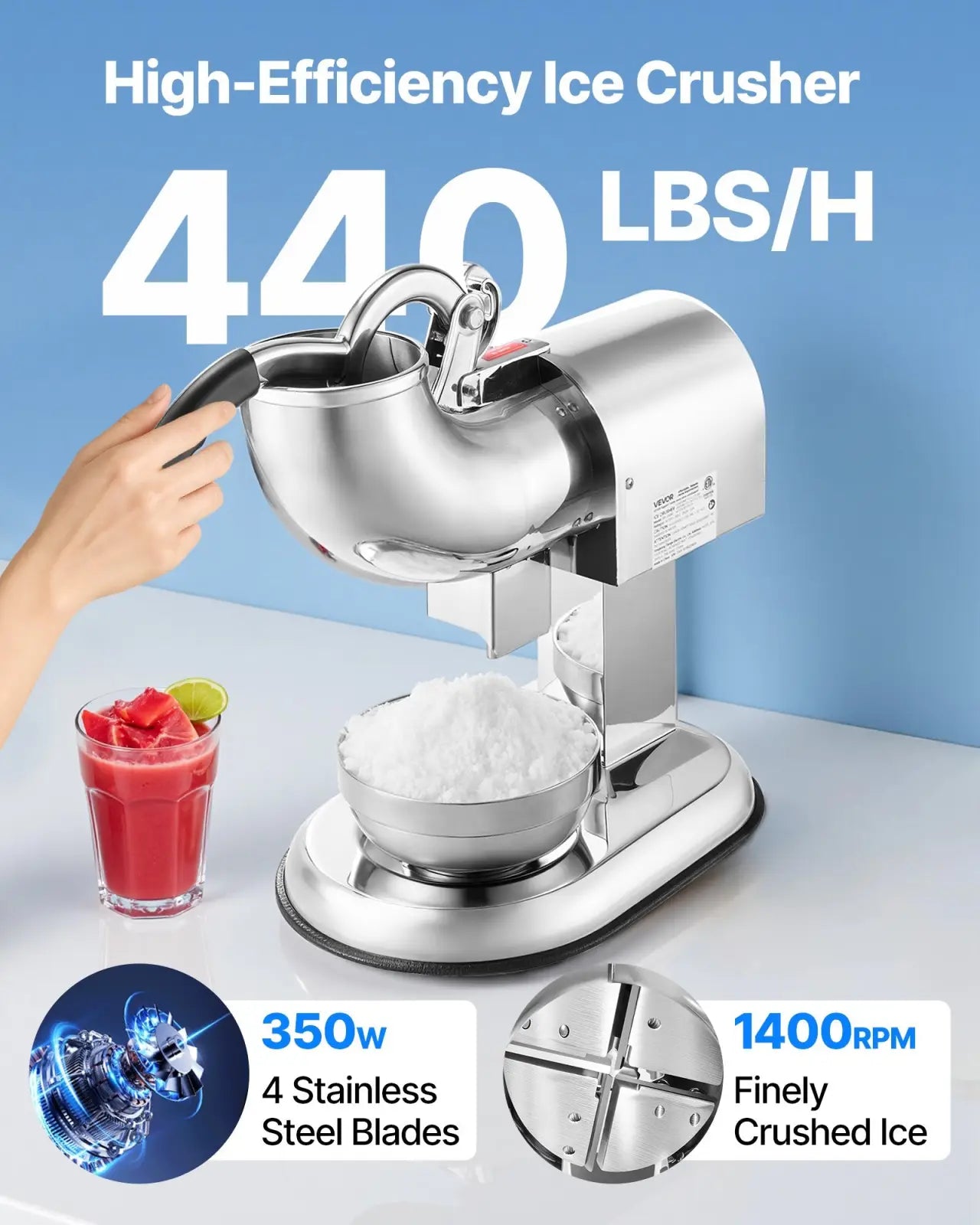 Electric ice crusher with a stainless steel high-efficiency design polished finish and sturdy base for snow cones