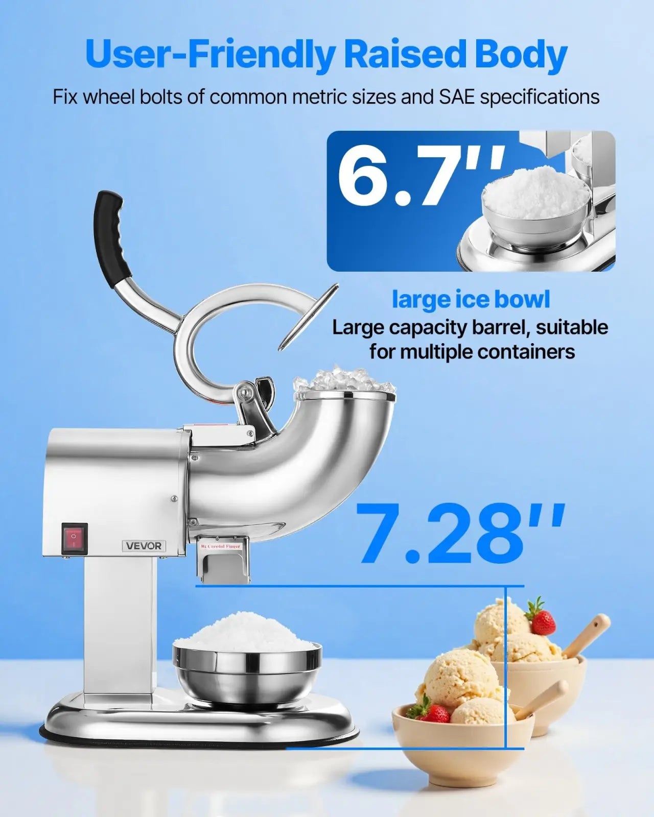 Stainless steel vevor electric ice crusher with 6.7-inch raised body and large capacity barrel for snow cones
