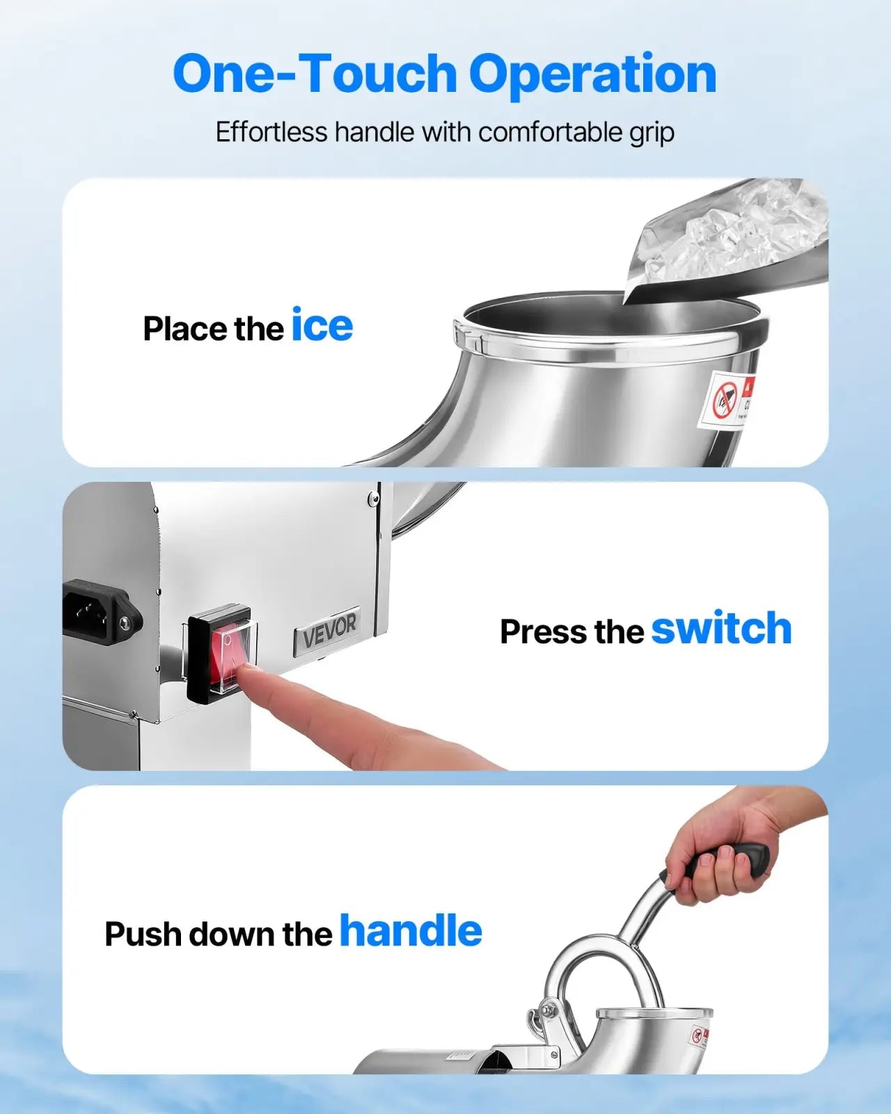 Electric ice crusher stainless steel with sleek modern design and red illuminated switch for snow cone making