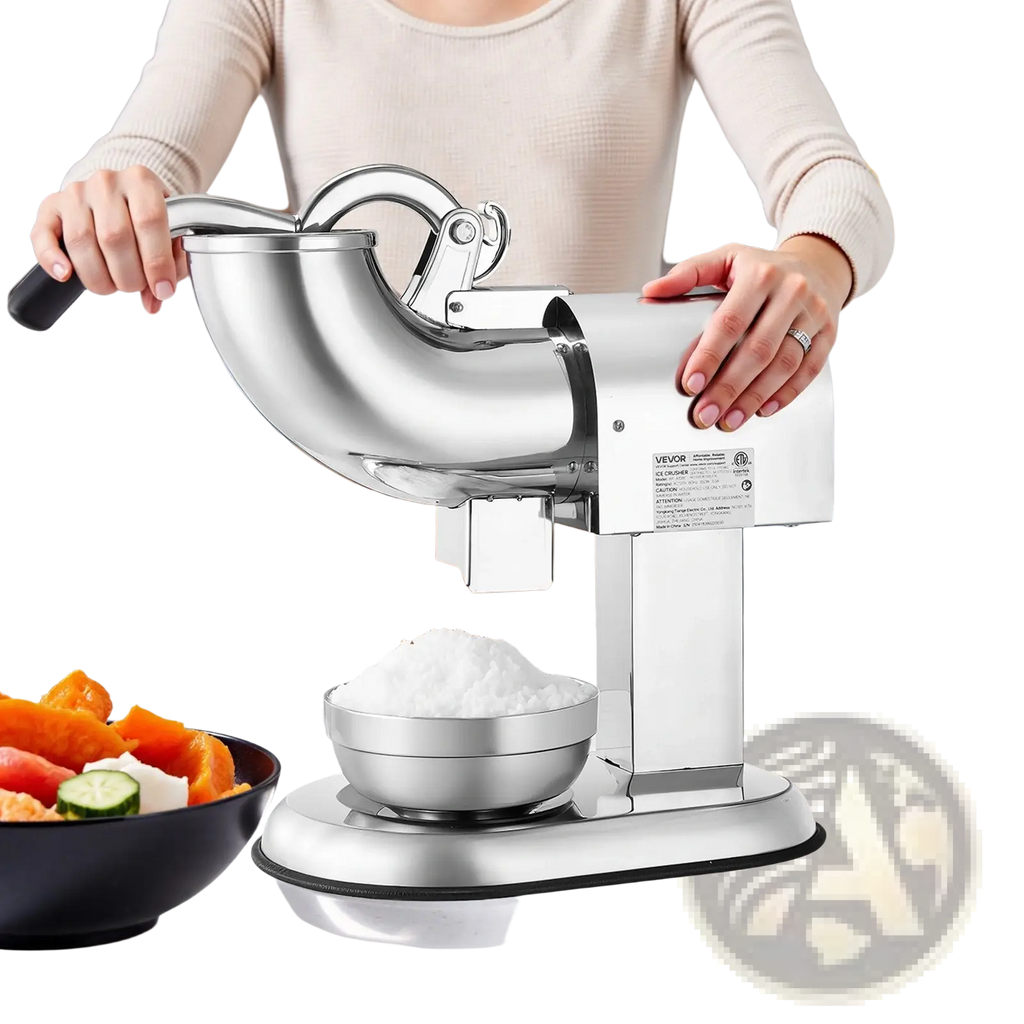 Stainless steel vevor electric ice crusher 350w with sleek curved design and bowl of shaved ice below for snow cones