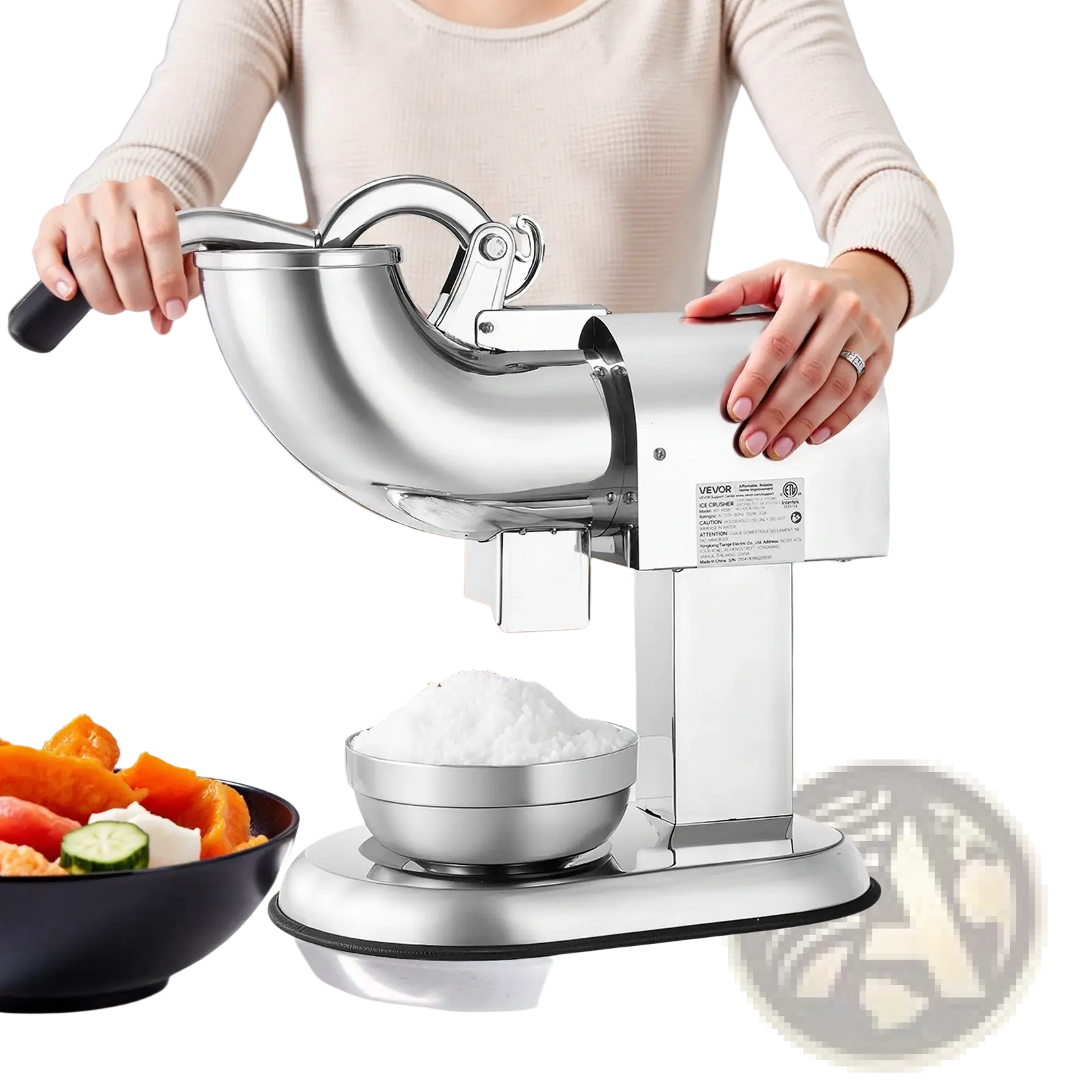 Stainless steel vevor electric ice crusher 350w with sleek curved design and bowl of shaved ice below for snow cones