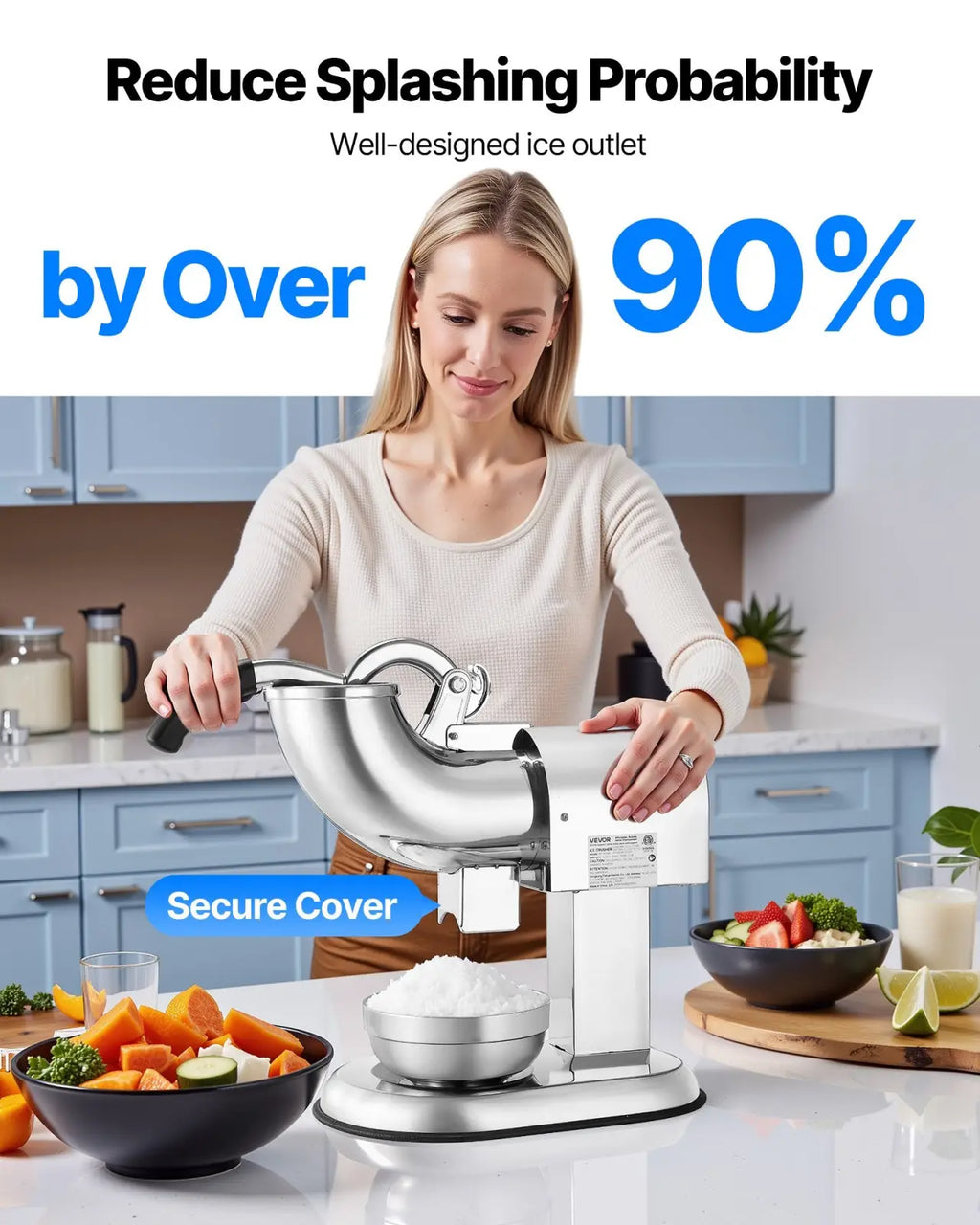 Silver stainless steel electric ice crusher with curved chute and secure cover for snow cone making 440lbs 350w