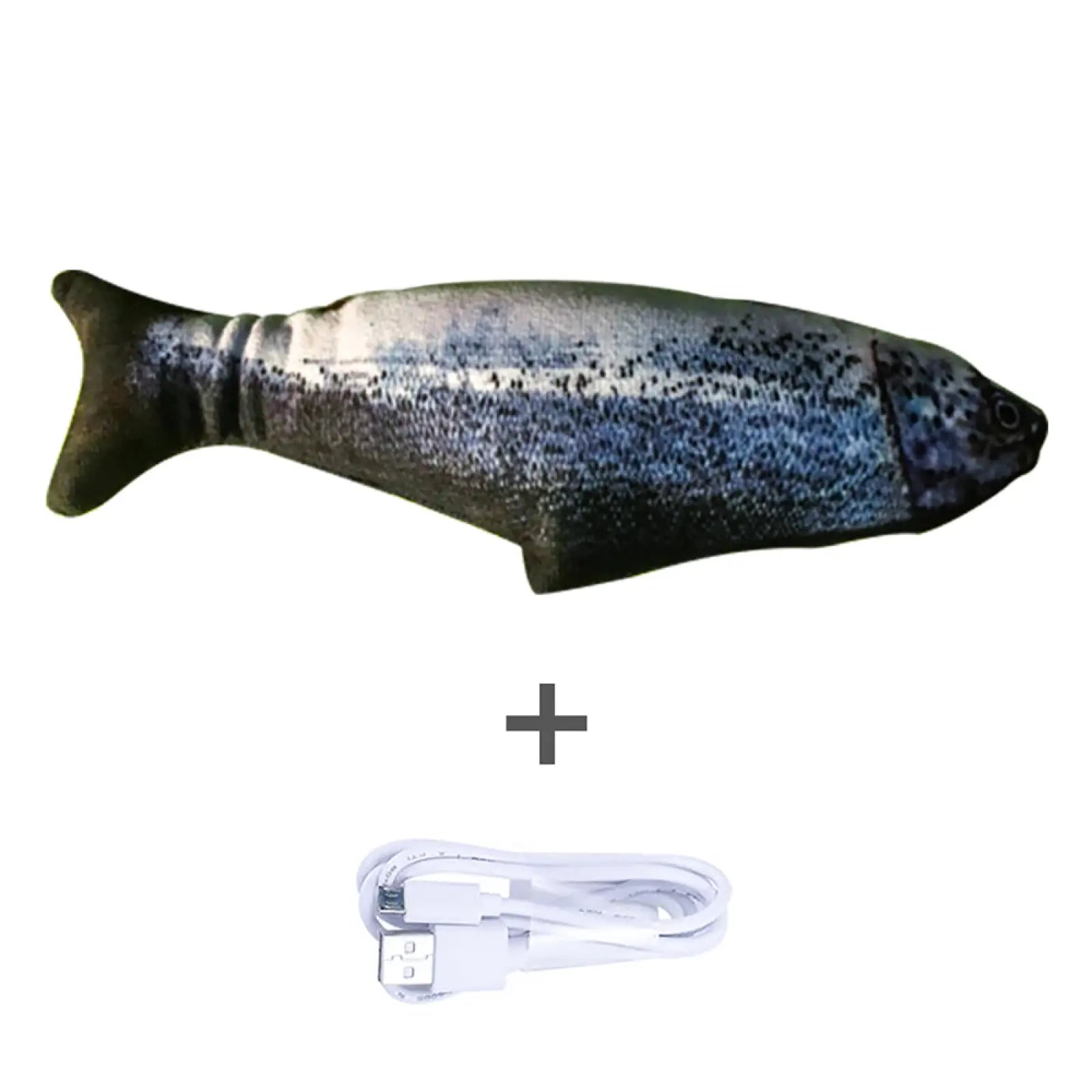 Electric jumping fish cat toy plush pillow with realistic blue and silver scales black eyes and soft fabric body
