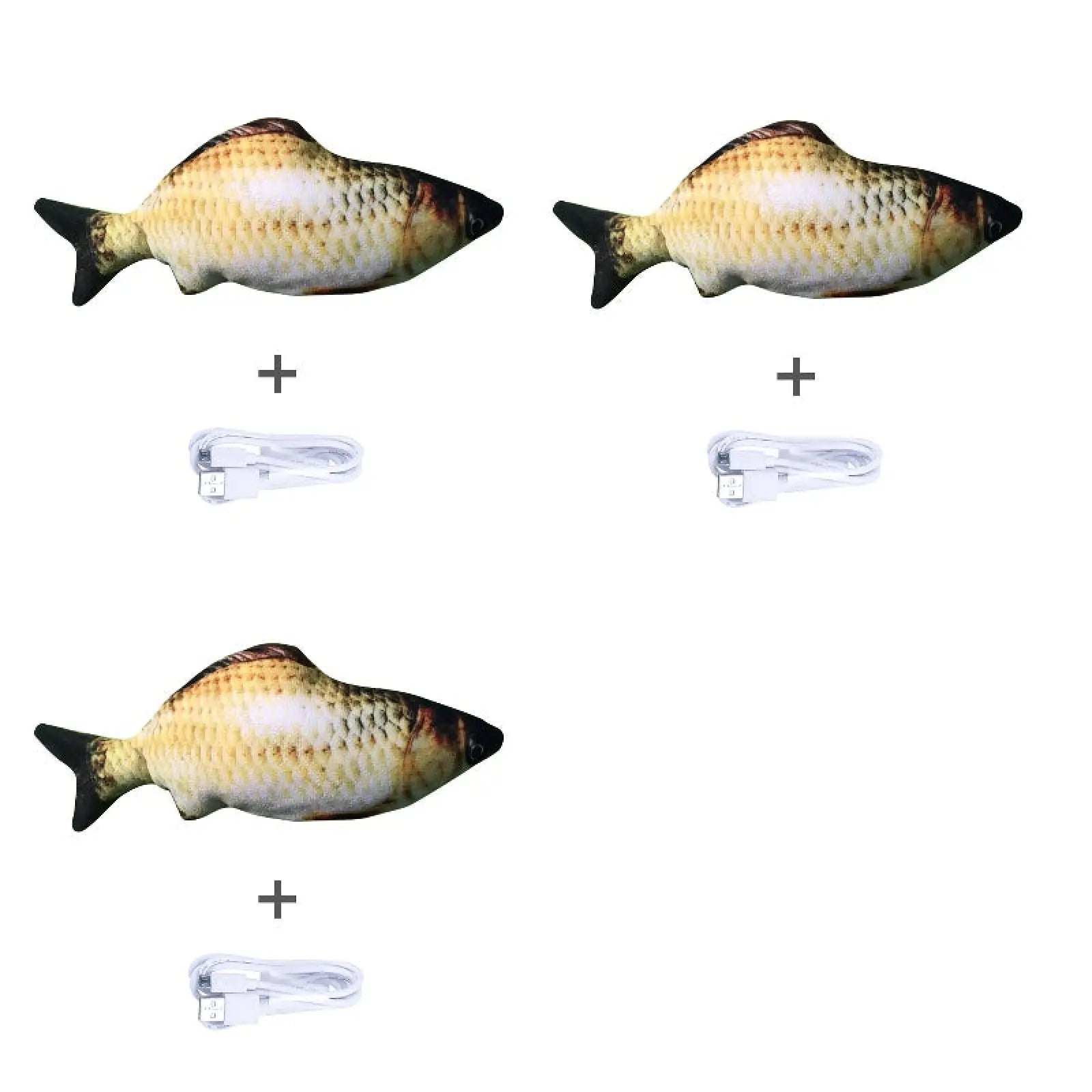 Three realistic yellow and brown electric jumping fish cat toys with black fins and clear USB charging cables no catnip version