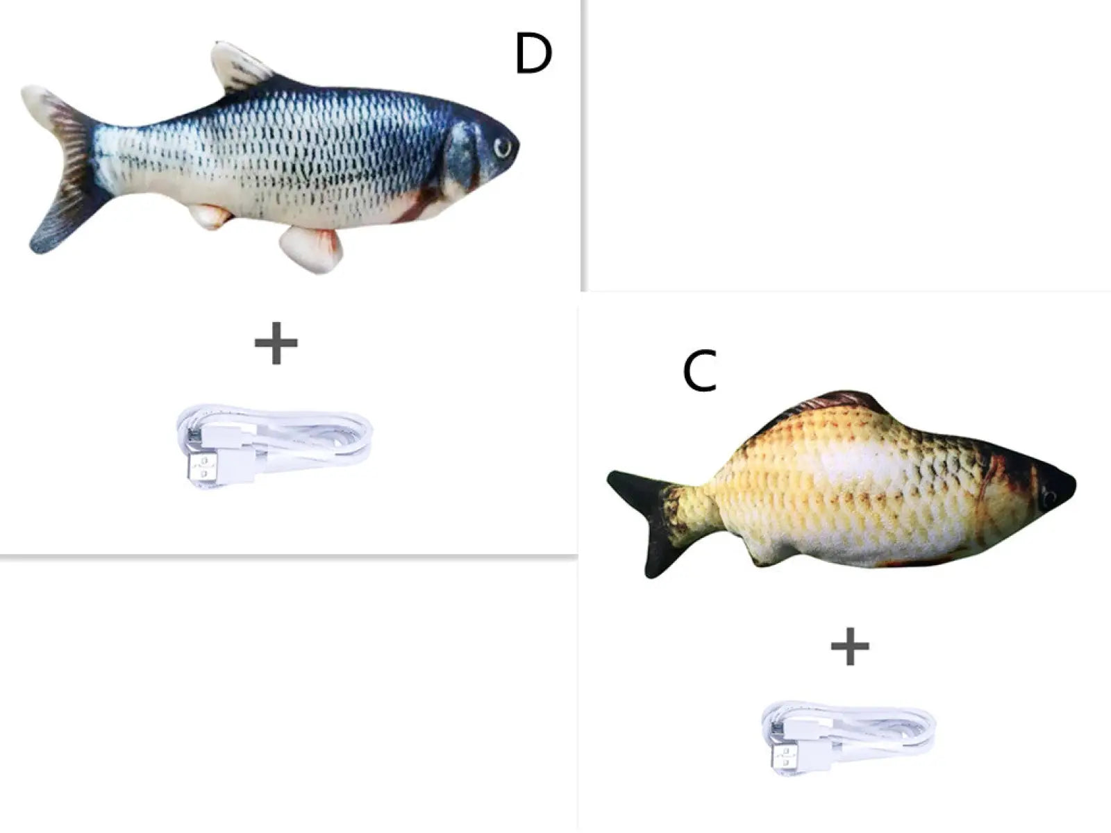 Plush electric jumping fish cat toy with realistic blue and silver scales and black-tipped fins and tail no catnip version