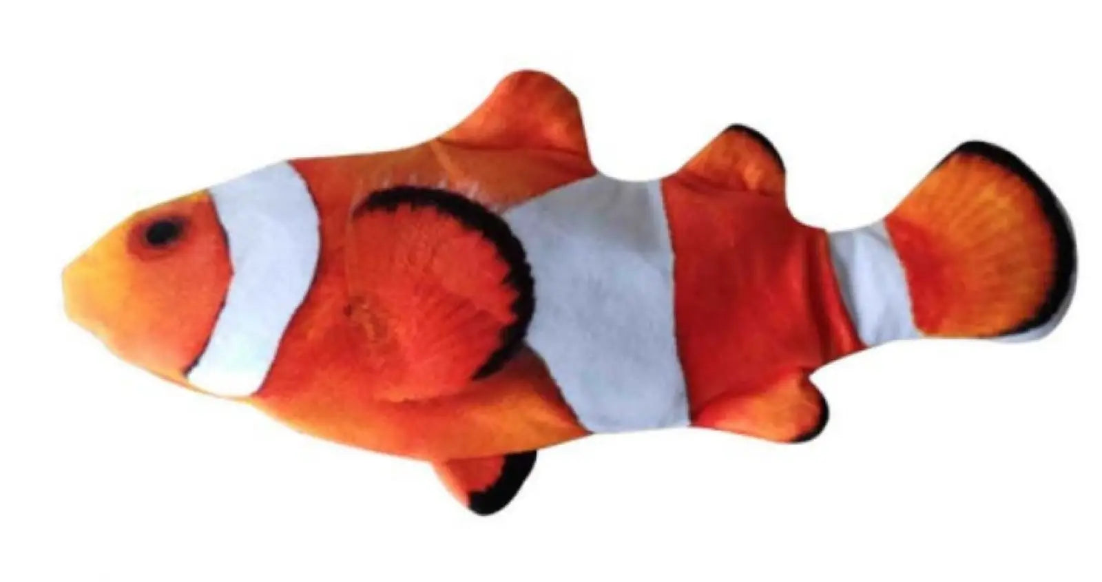 Plush orange and white clownfish electric jumping fish cat toy with black fin outlines no catnip version