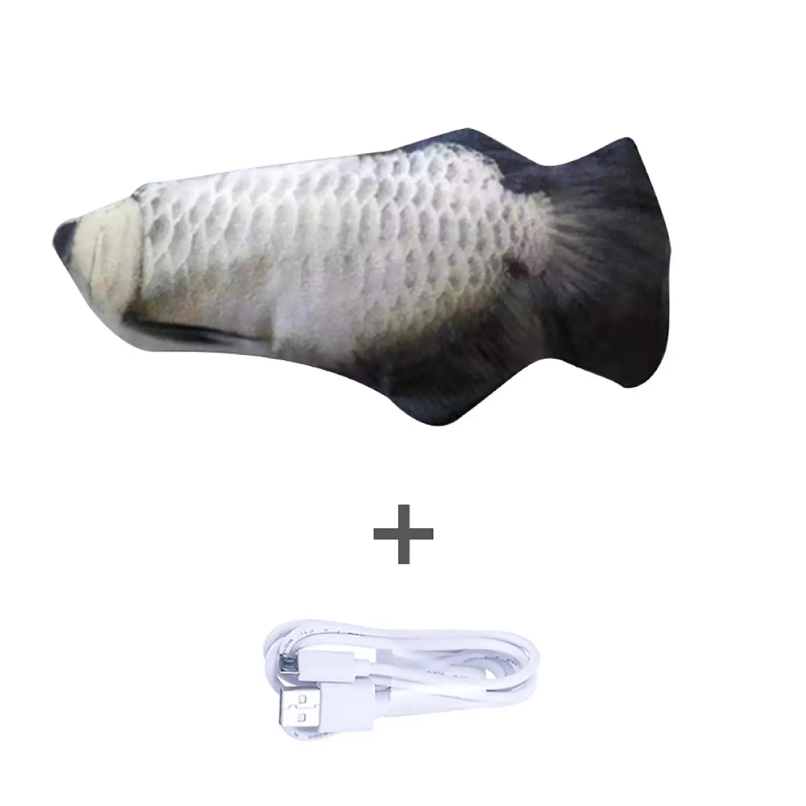 Electric jumping fish cat toy no catnip version with a plush lifelike silver and black detailed scale pattern