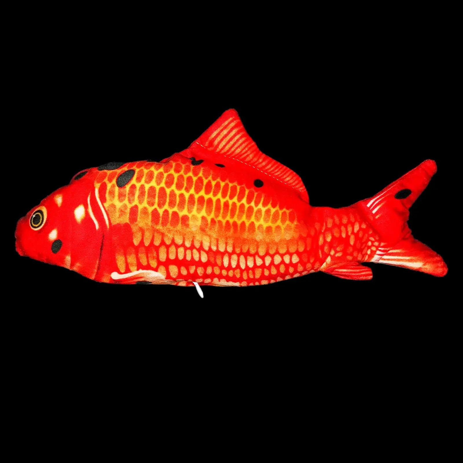 Electric jumping fish cat toy featuring a plush red and orange goldfish with black spots and white fin no catnip version