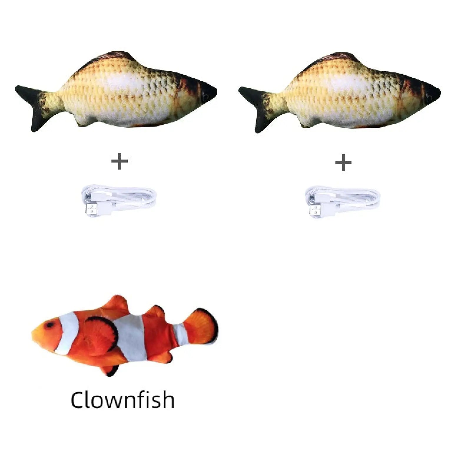 Plush electric jumping fish cat toy in orange and white stripes with no catnip version for interactive play