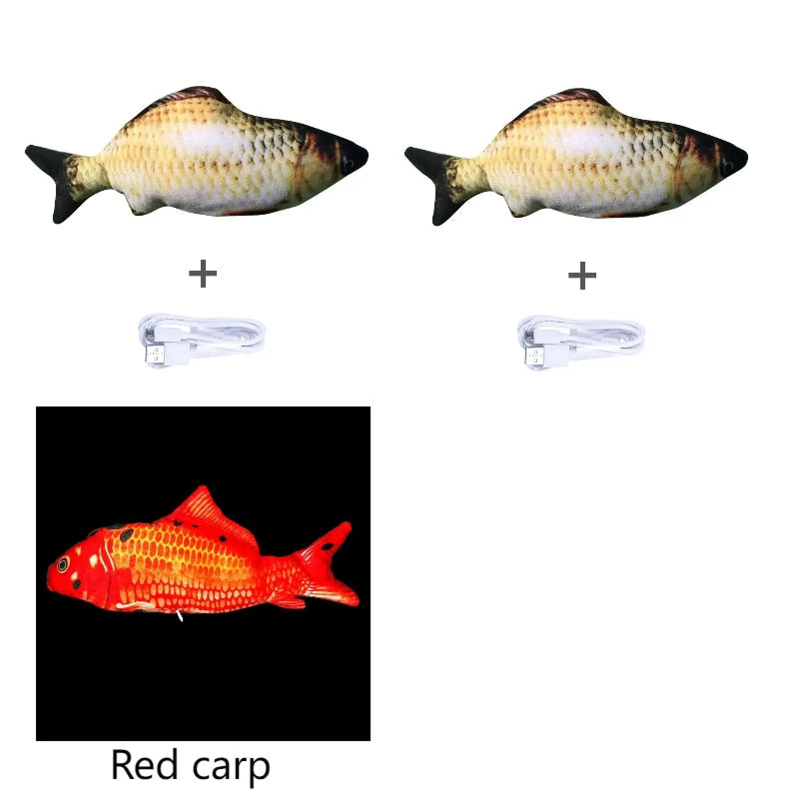Plush electric jumping fish cat toys with realistic scales and black fins in natural brown tones with a glowing red carp model