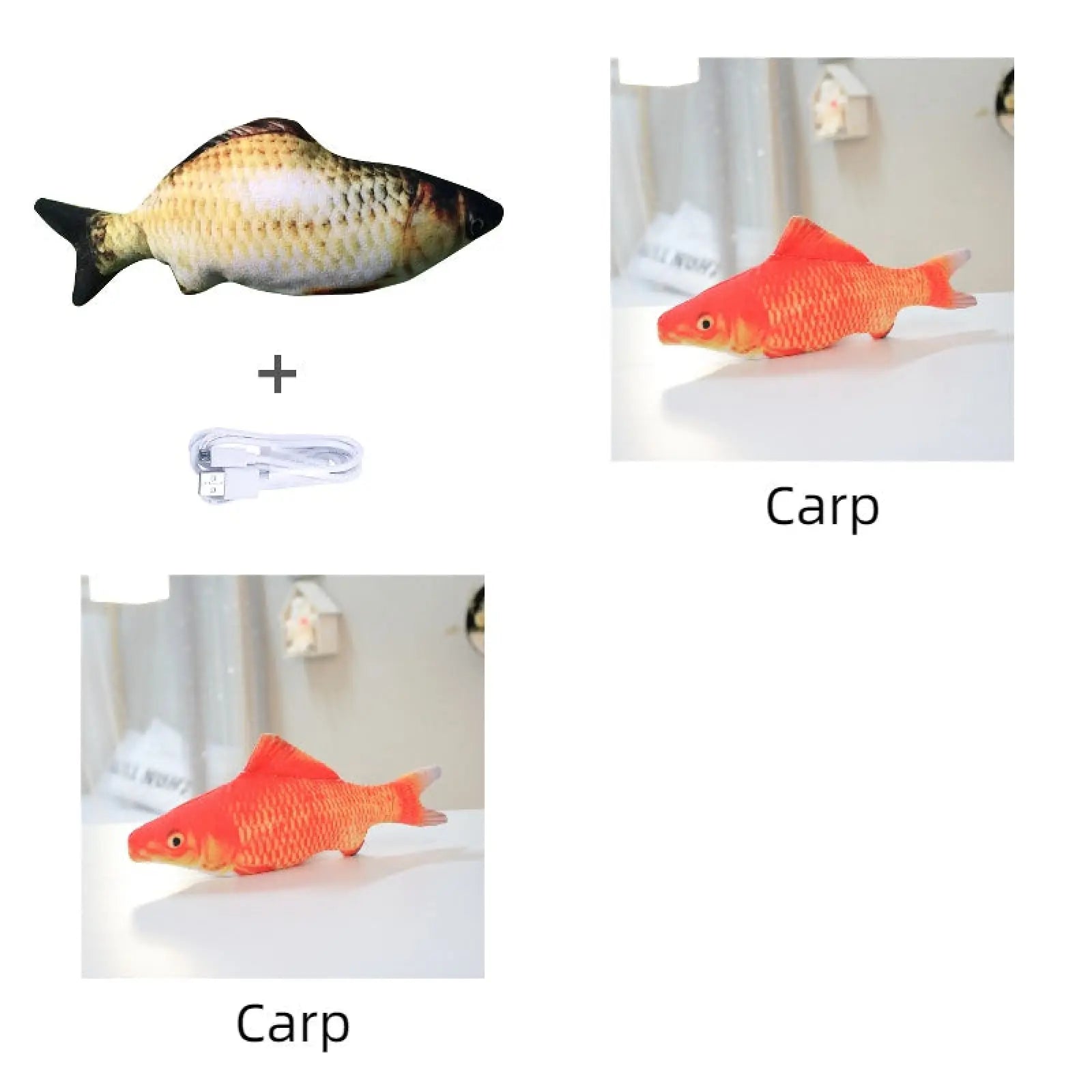 Plush electric jumping fish cat toy with realistic scales and usb charging cable no catnip version