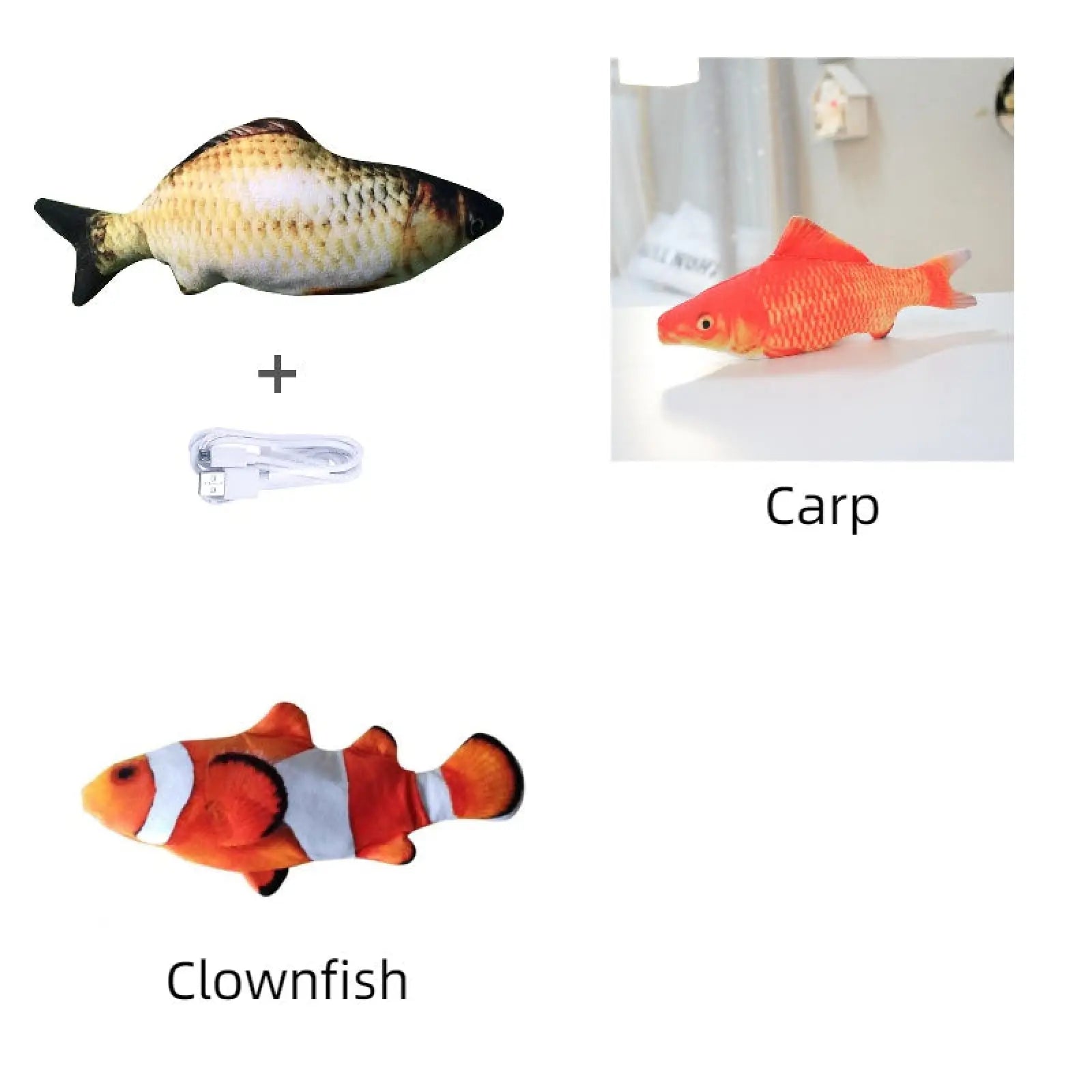 Plush electric jumping fish cat toy with realistic orange clownfish scales and black tail no catnip version