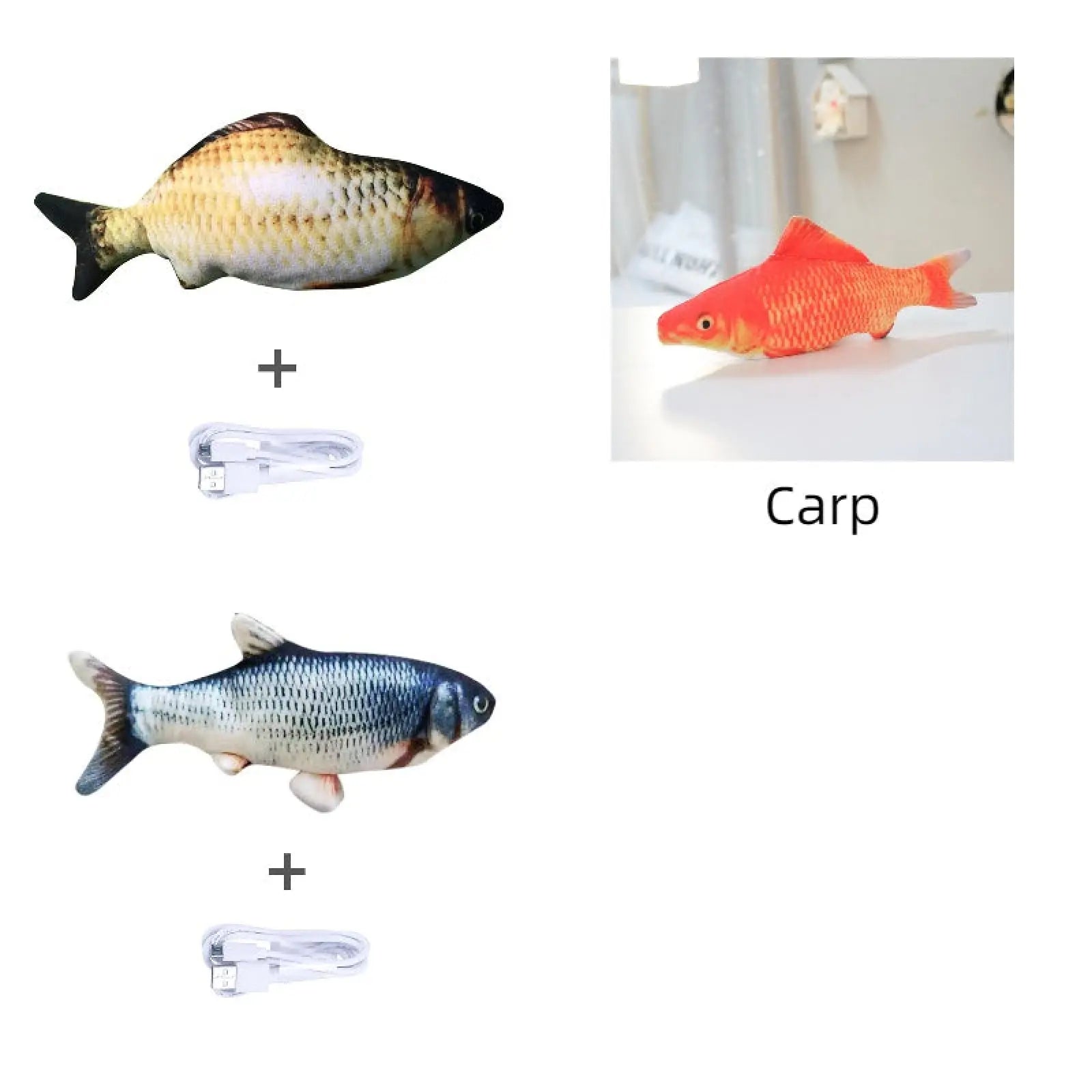 Electric jumping fish cat toy with plush material, realistic scales, and usb charging cable no catnip version