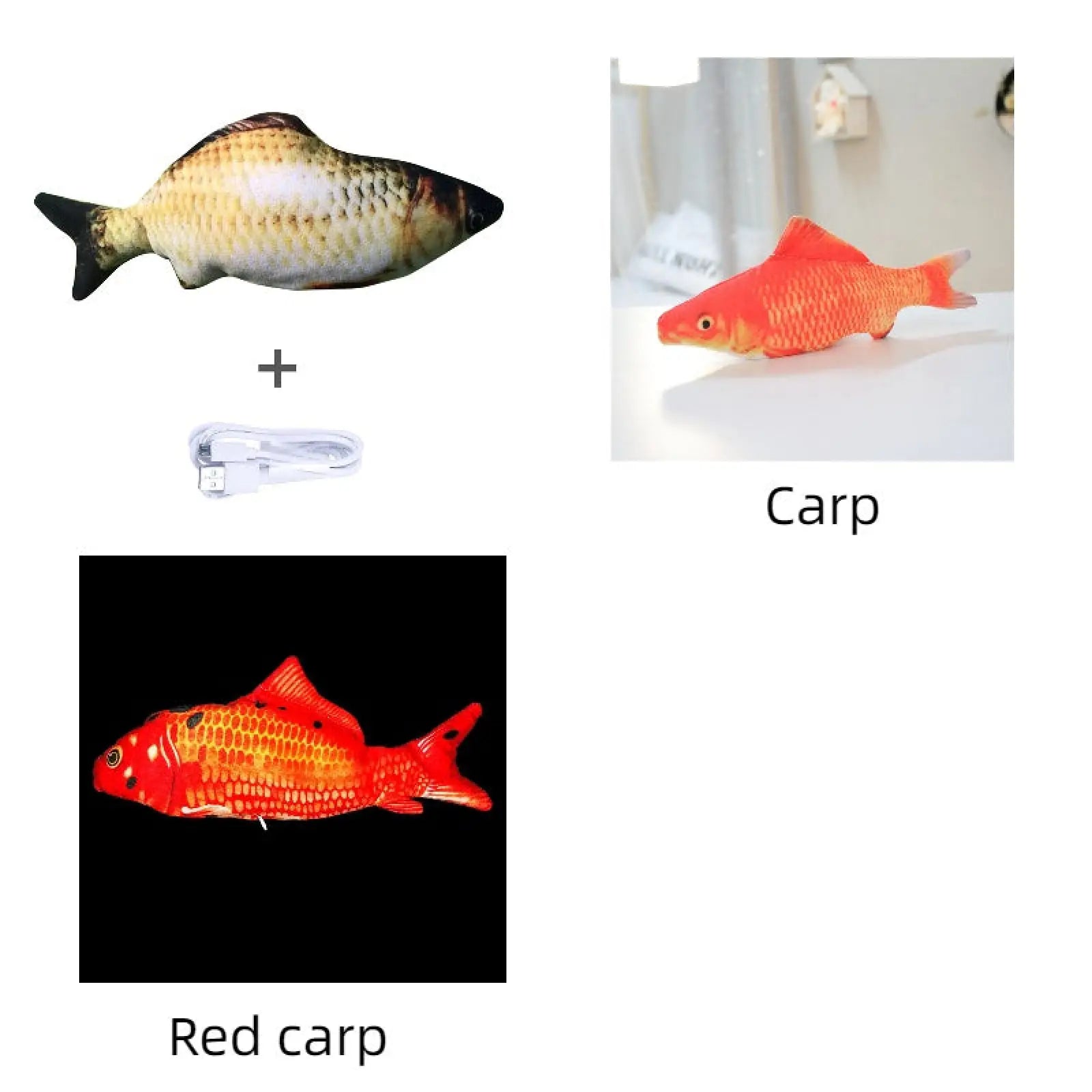 Plush electric jumping fish cat toy with realistic scales and usb charging cable no catnip version