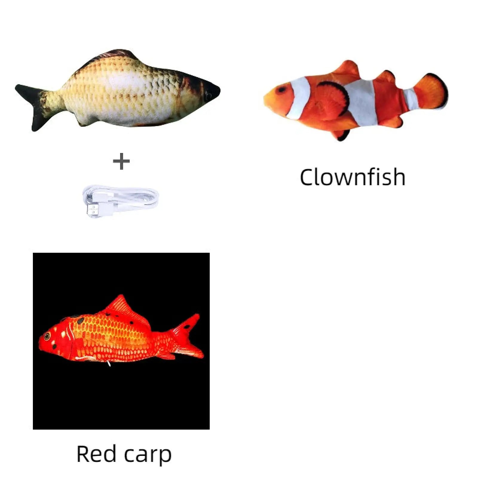 Orange and white clownfish plush electric jumping fish cat toy no catnip version with black eyes for pet play